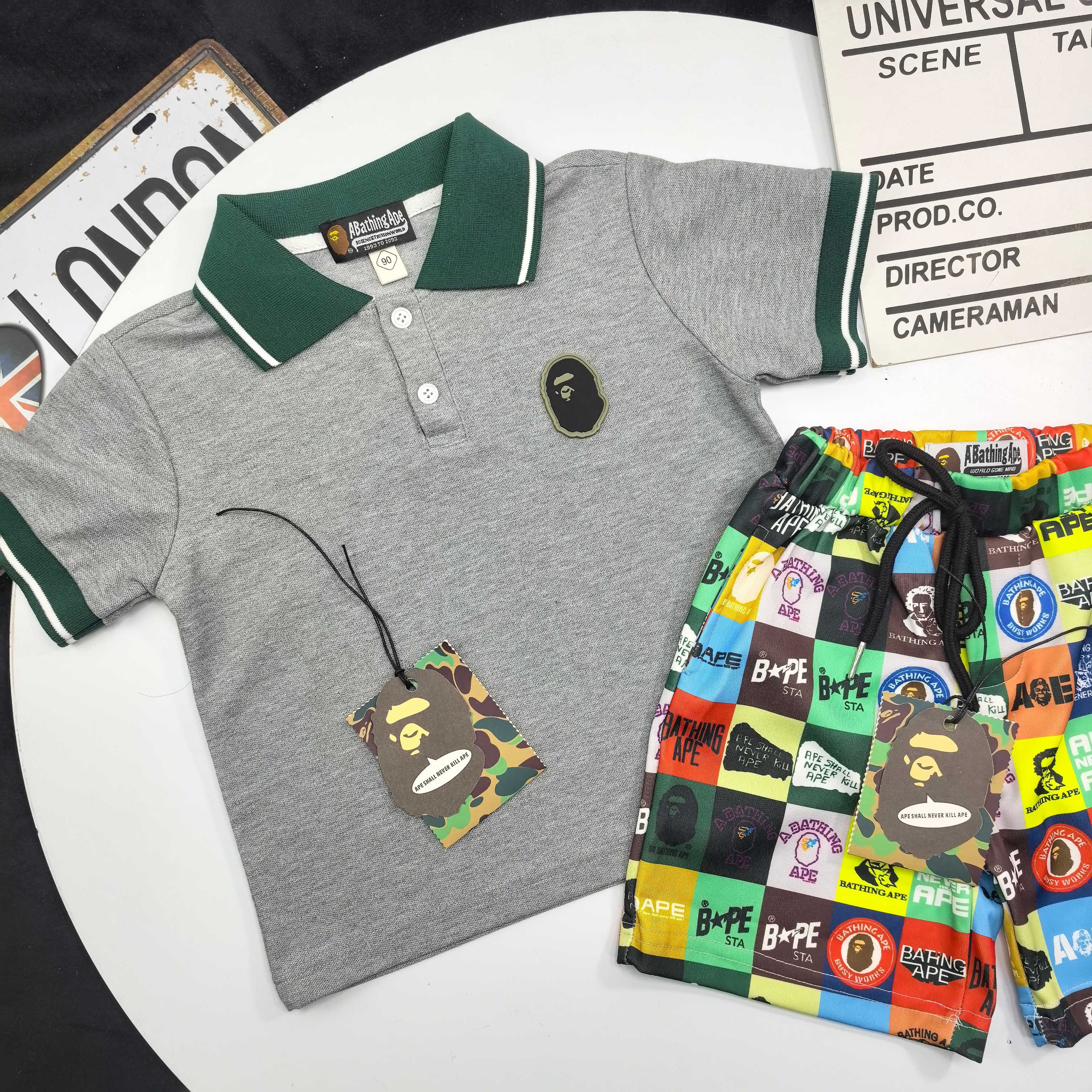 Bape Unisex Kids Grey Green Collar Polo Shirt & Colorful Logo Grid Print Shorts Set Boys Girls Sizes 90-150