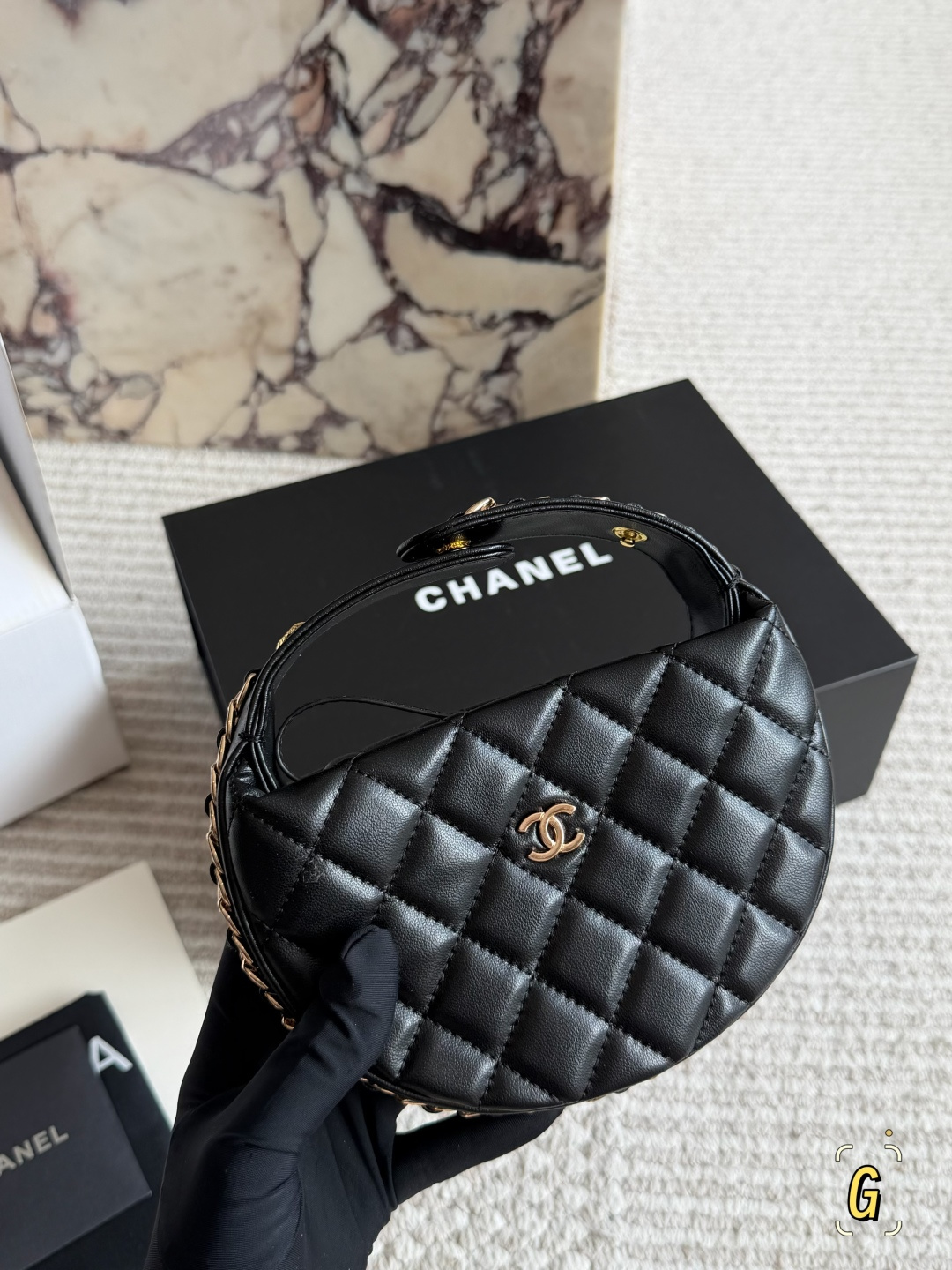 Chanel 23c Hula Hoop Black Gold Top Handle Bag with Quilted Design and Metal Chain (Replica)
