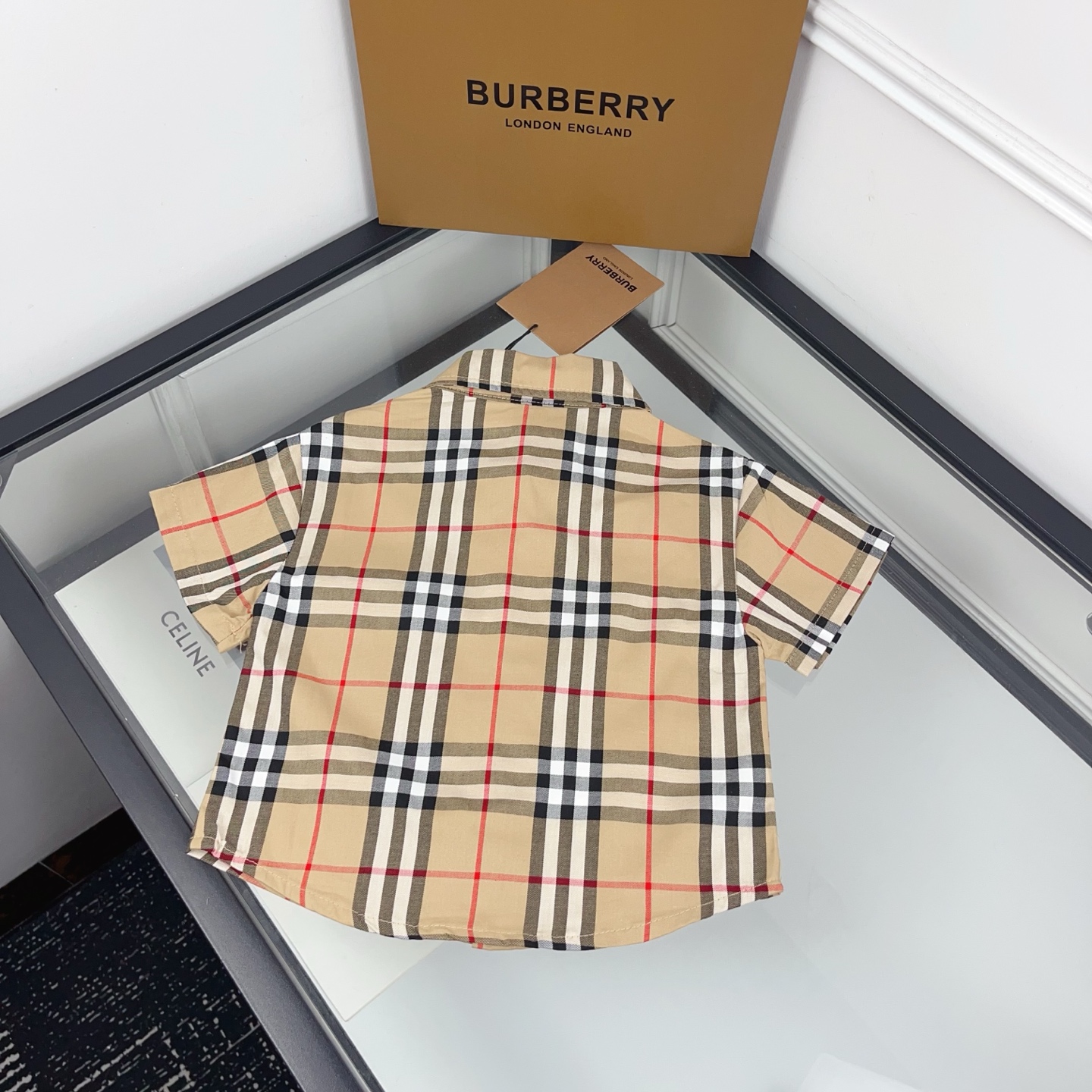 Burberry Unisex Kids Vintage Check Short Sleeve Button Down Shirt Boys Girls Khaki Plaid Cotton Casual Top Sizes 90-150