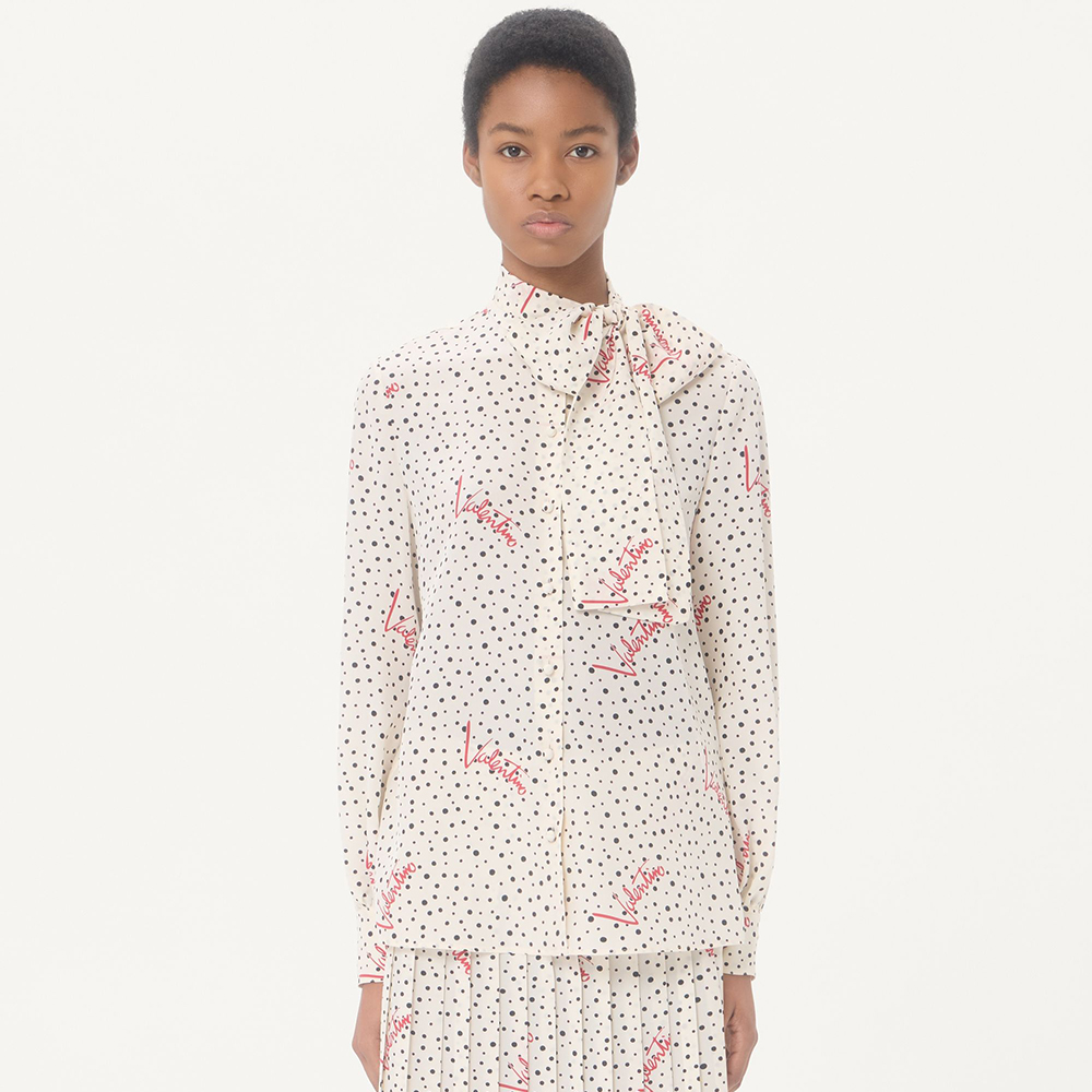 Valentino Plus De Pois Crepe De Chine Bubble Shirt for Woman in Vanilla Multicolor #383495