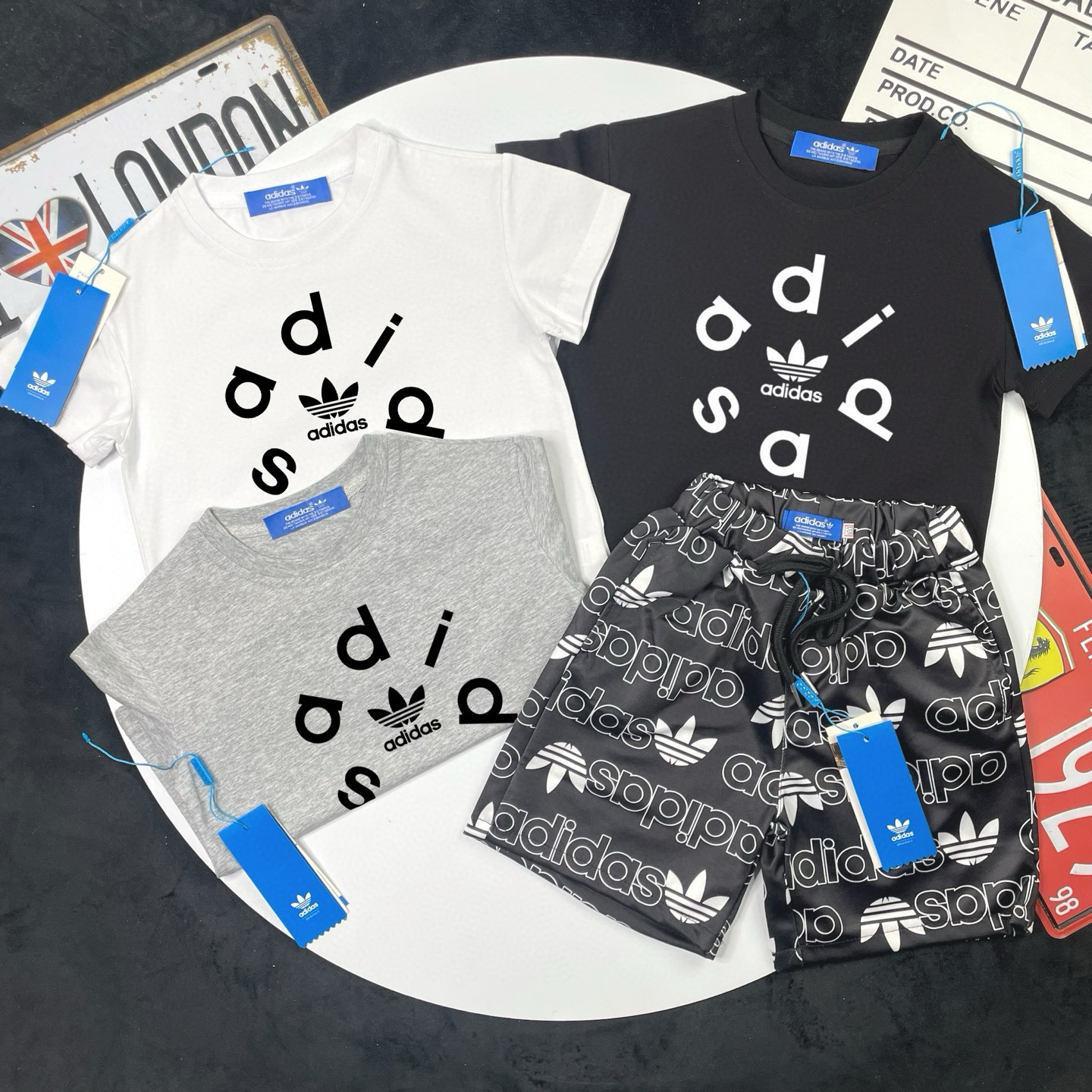 Adidas Kids 2Pcs Circular Split Letter Trefoil Tee & All Over Logo Print Shorts Set For Boys Girls Full Original Tags Sizes 90-150