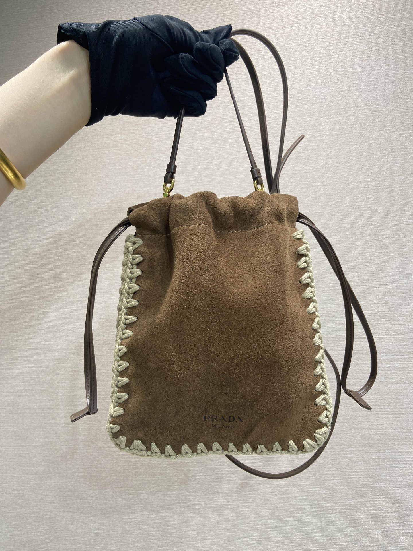 [TOP] PRADA Knitted Suede Bag 17.5x22cm - Brown - 711 Luxury