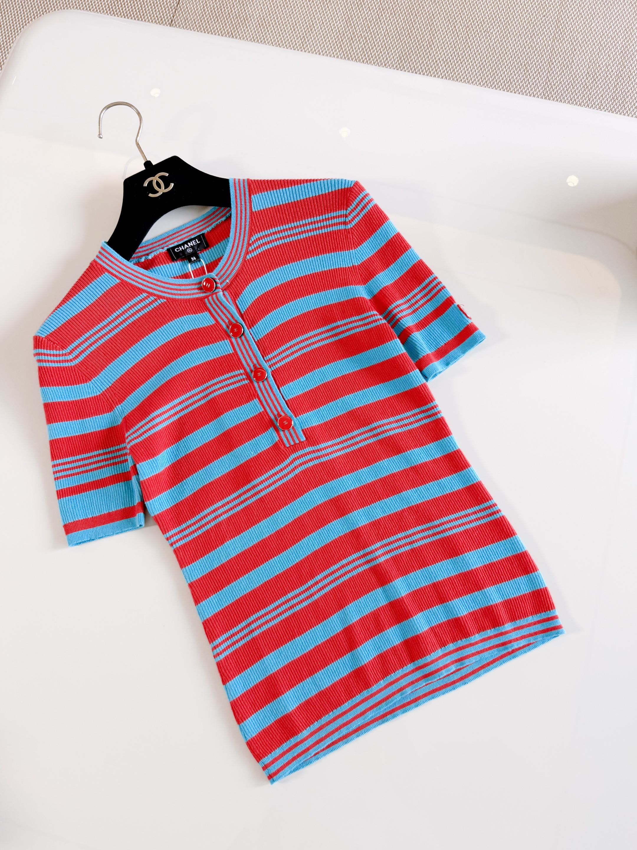 CHANEL Top and Skirt Cotton Red Turquoise #383620