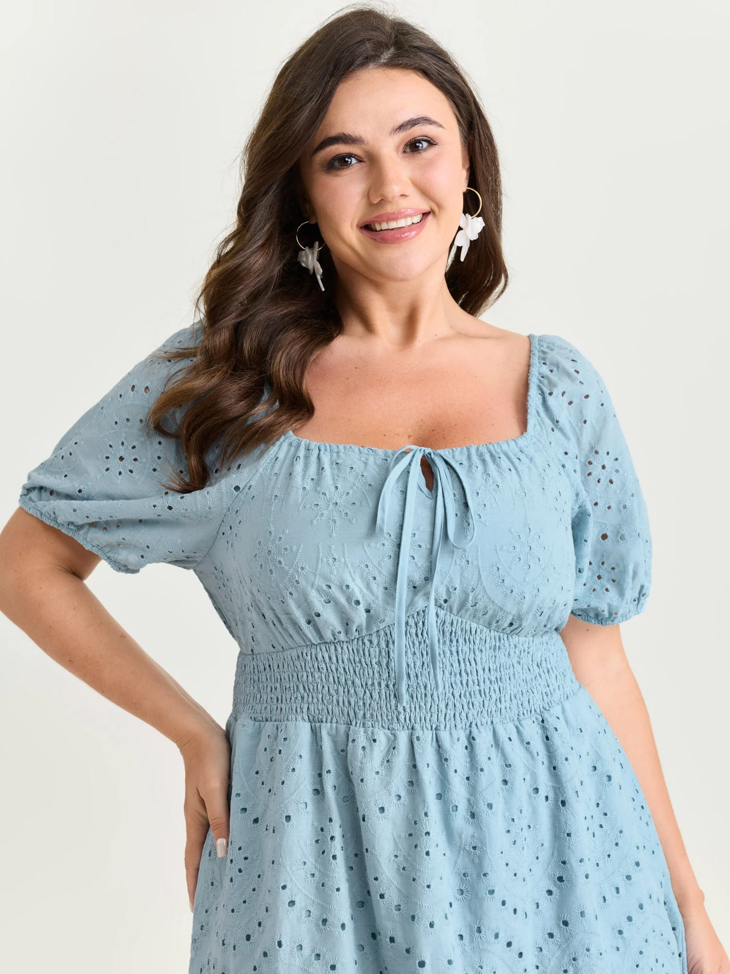 Eyelet Embroidered Cinched Waist Mini Dress