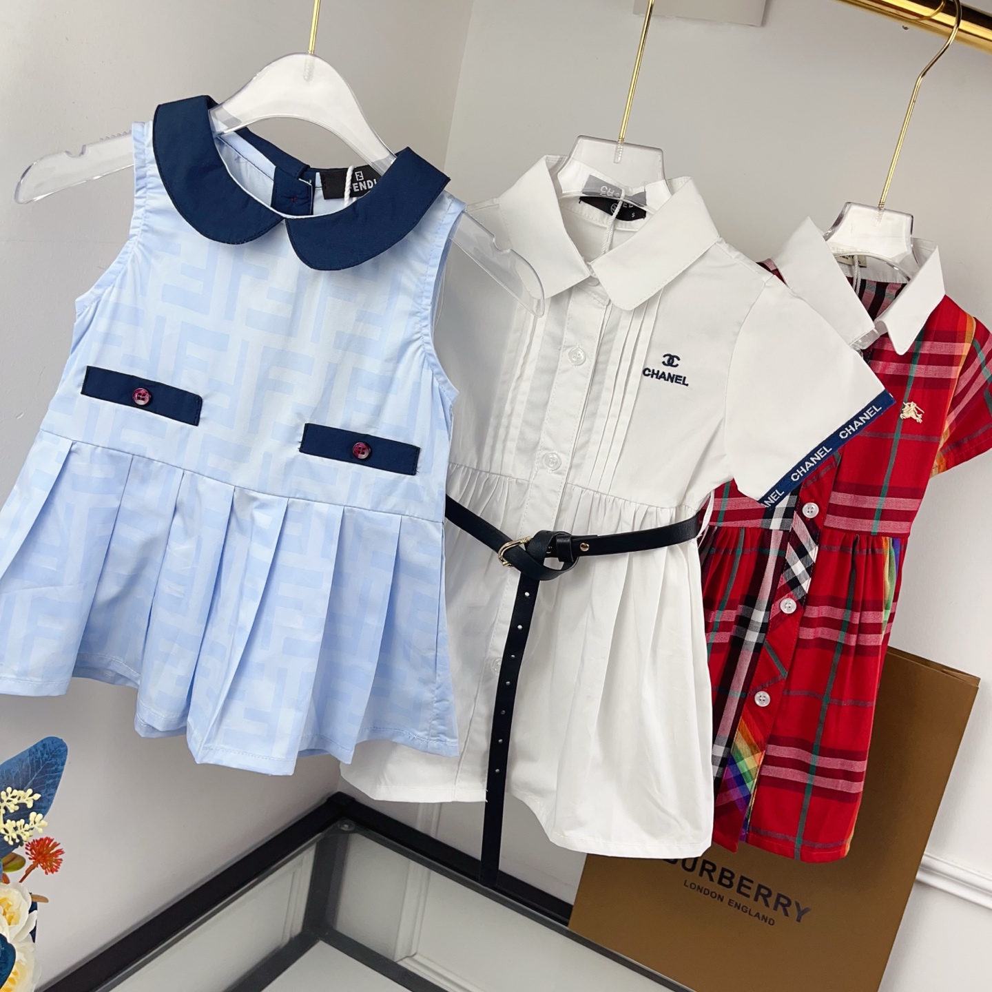 Fendi Girls Light Blue FF Monogram Peter Pan Collar Sleeveless Pleated Hem Dress Kids Sizes 80-120