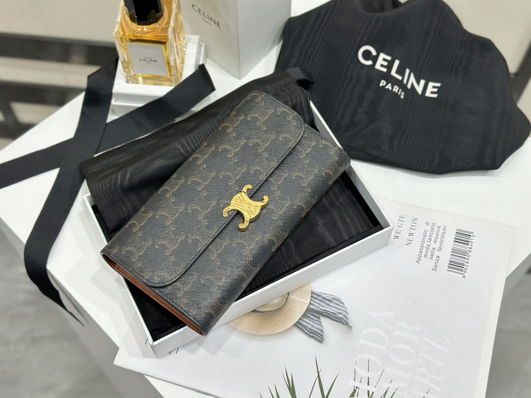 [TOP] CELINE Triomphe Wallet Cowhide 19x10x3cm - Black - 711 Luxury