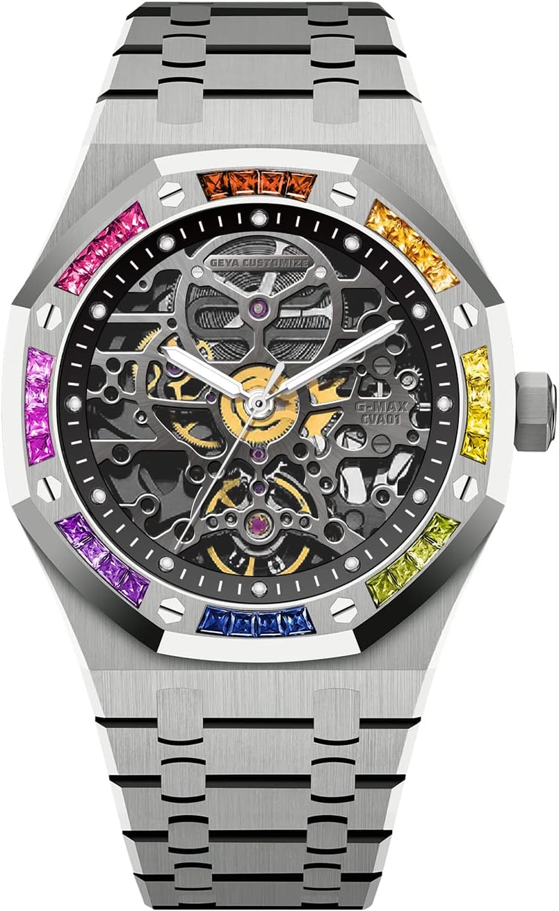 GeYa Redhai Automatic Mechanical Watch Skeleton Stainless 50M Waterproof Anti Shock Casual Diver Men Wrist Watch Sterling Watches Chronograph Analog Business Casual Fashion Adjustable Silicone Band