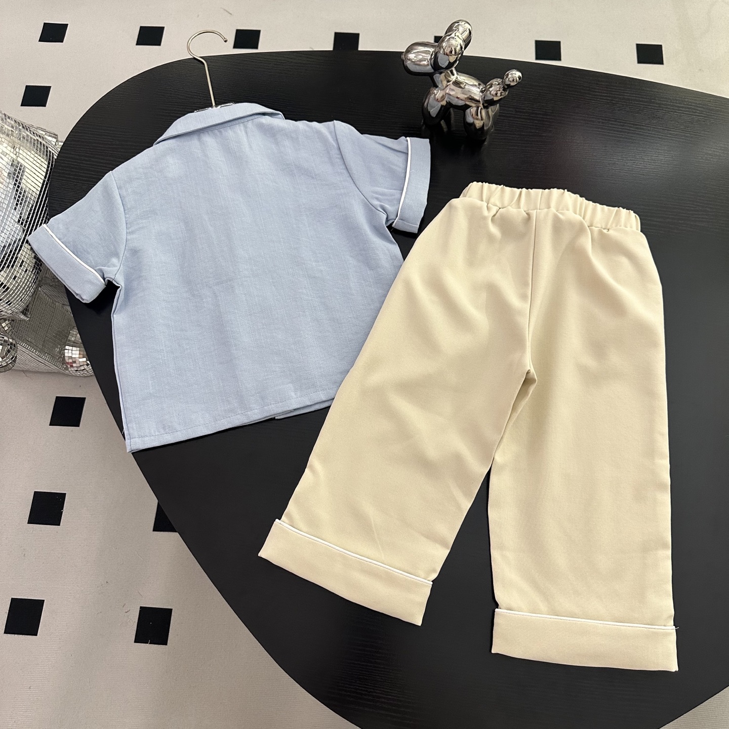Boss Unisex Kids Light Blue Lapel Short Sleeve Button Shirt & Khaki White Piping Cuffed Long Pants Set Boys Girls Sizes 90-150