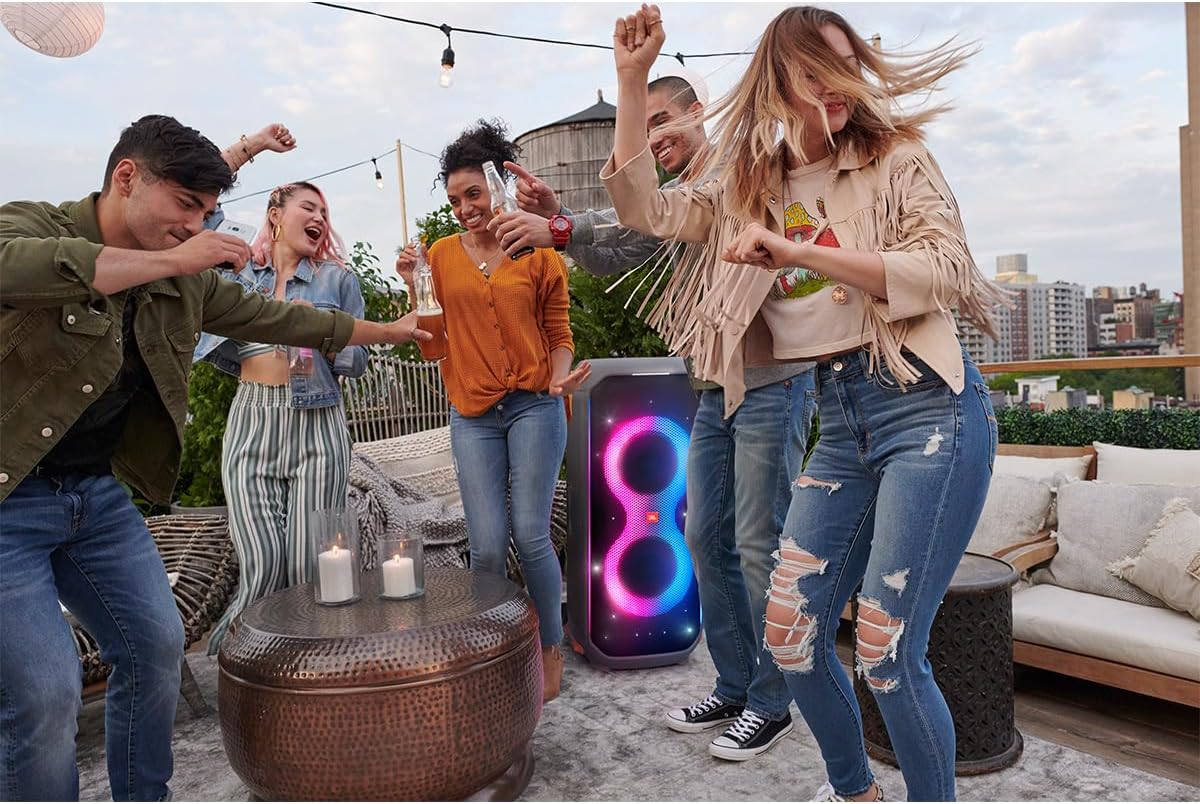 JBL PartyBox 710 -Party Speaker with Powerful Sound, Built-in Lights and Extra Deep Bass, IPX4 Splash Proof, App/Bluetooth Connectivity, Made for Everywhere a Handle Wheels (Black)