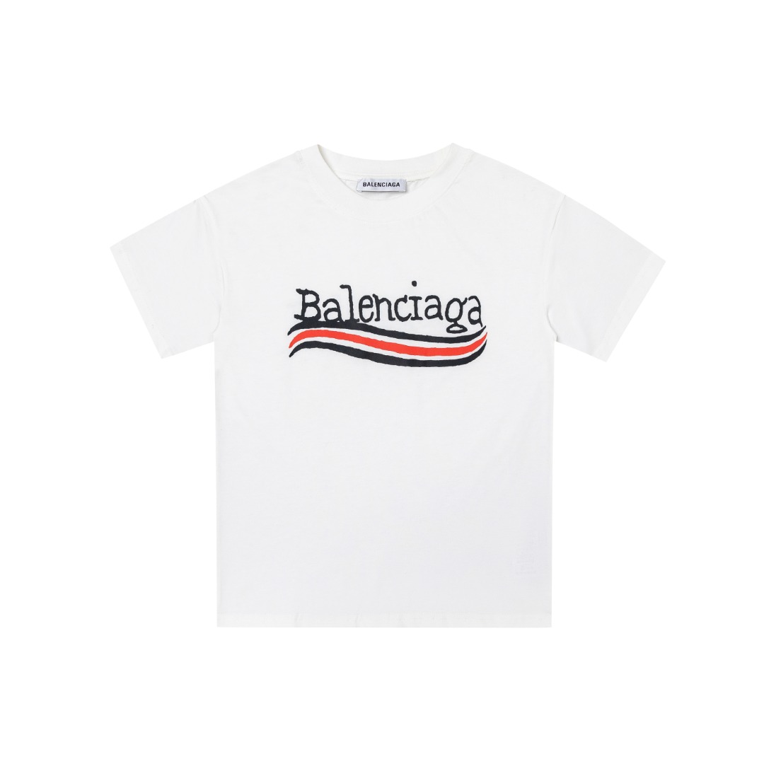 Balenciaga Unisex Kids Double Sided Stripe Script Logo Print Short Sleeve Cotton T-Shirt Boys Girls Basic Tee Sizes 100-160