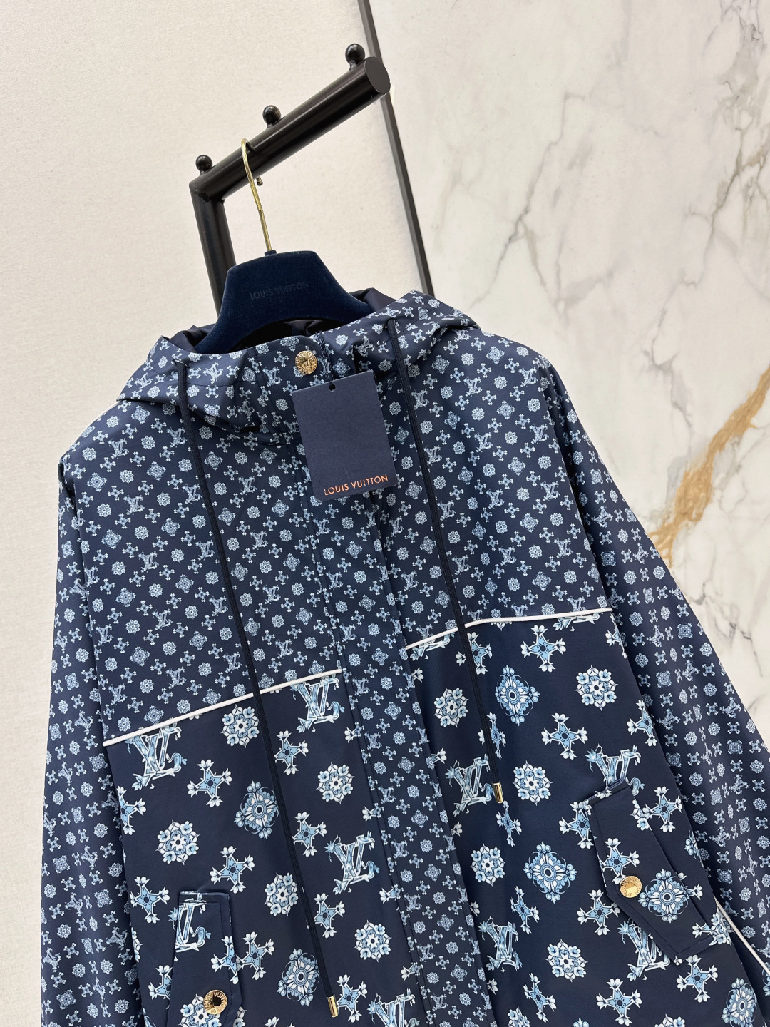 [TOP] Louis Vuitton LV Hooded Zip-Up Monogram Trench Coat - Navy Blue