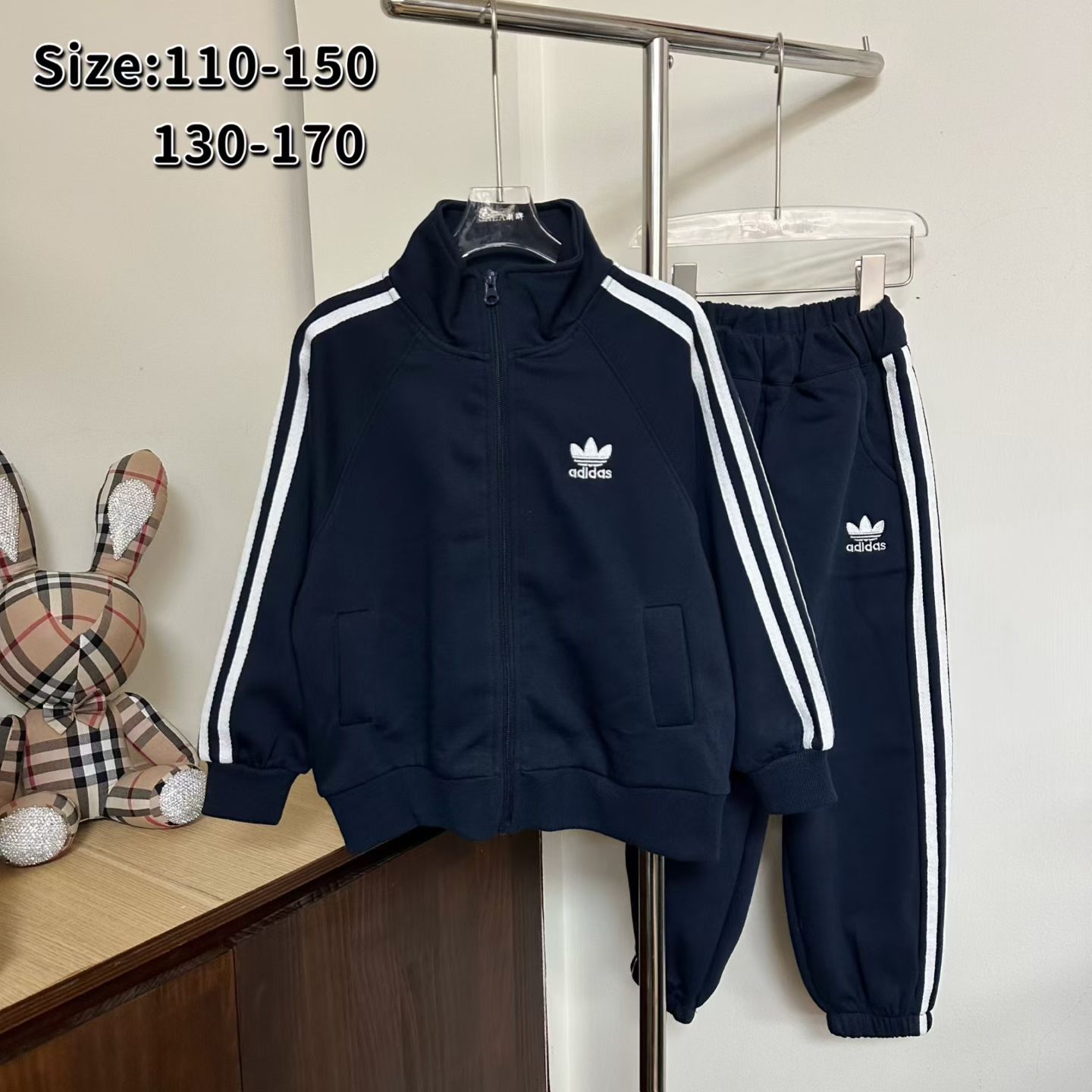 Adidas Unisex Kids Four Striped Stand Collar Zip Jacket & Cuffed Jogger Pants Two Piece Tracksuit Boys Girls Sizes 110-170