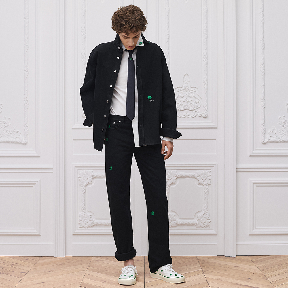 DIOR Long Regular Jeans with Dior Clover Embroideries Black Cotton Twill Jacket #380000