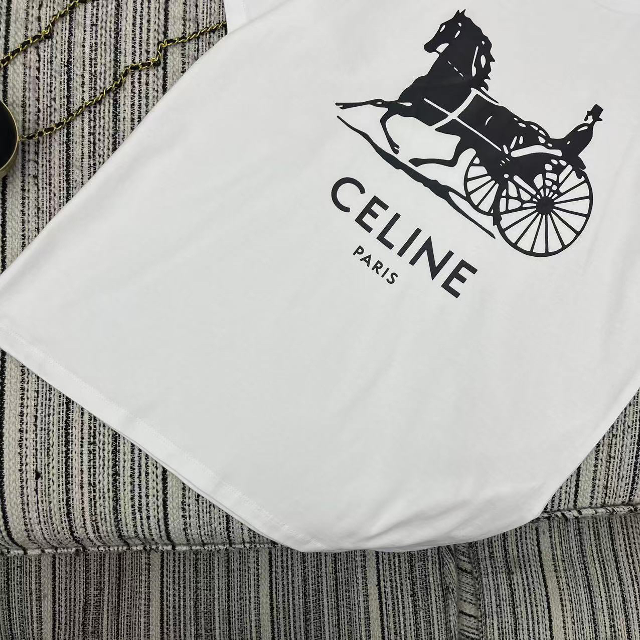 [TOP] CELINE Letter Print Short-Sleeve Crew Neck T-Shirt - White