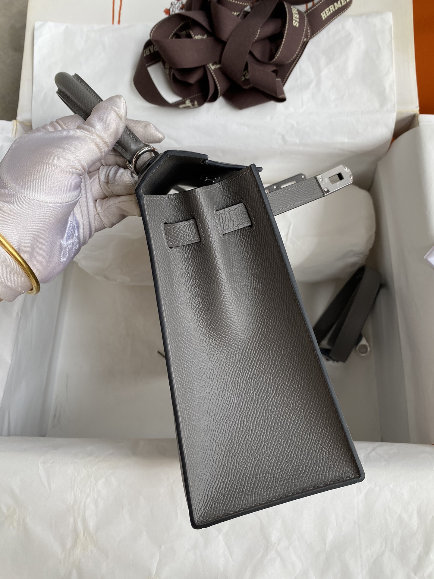 [TOP] HERMES Kelly Epsom Leather 25cm -  Gris Pantin & SHW