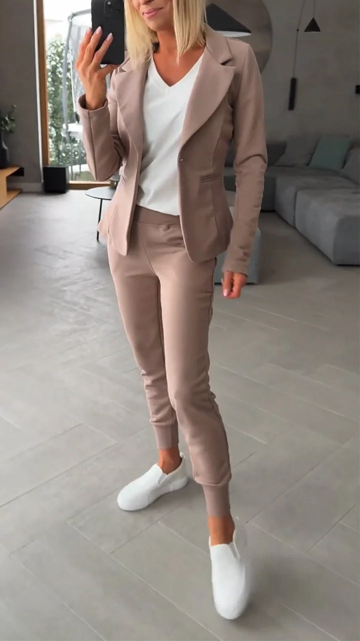 Women Collar Jacket+ Pants Commuting Style Set
