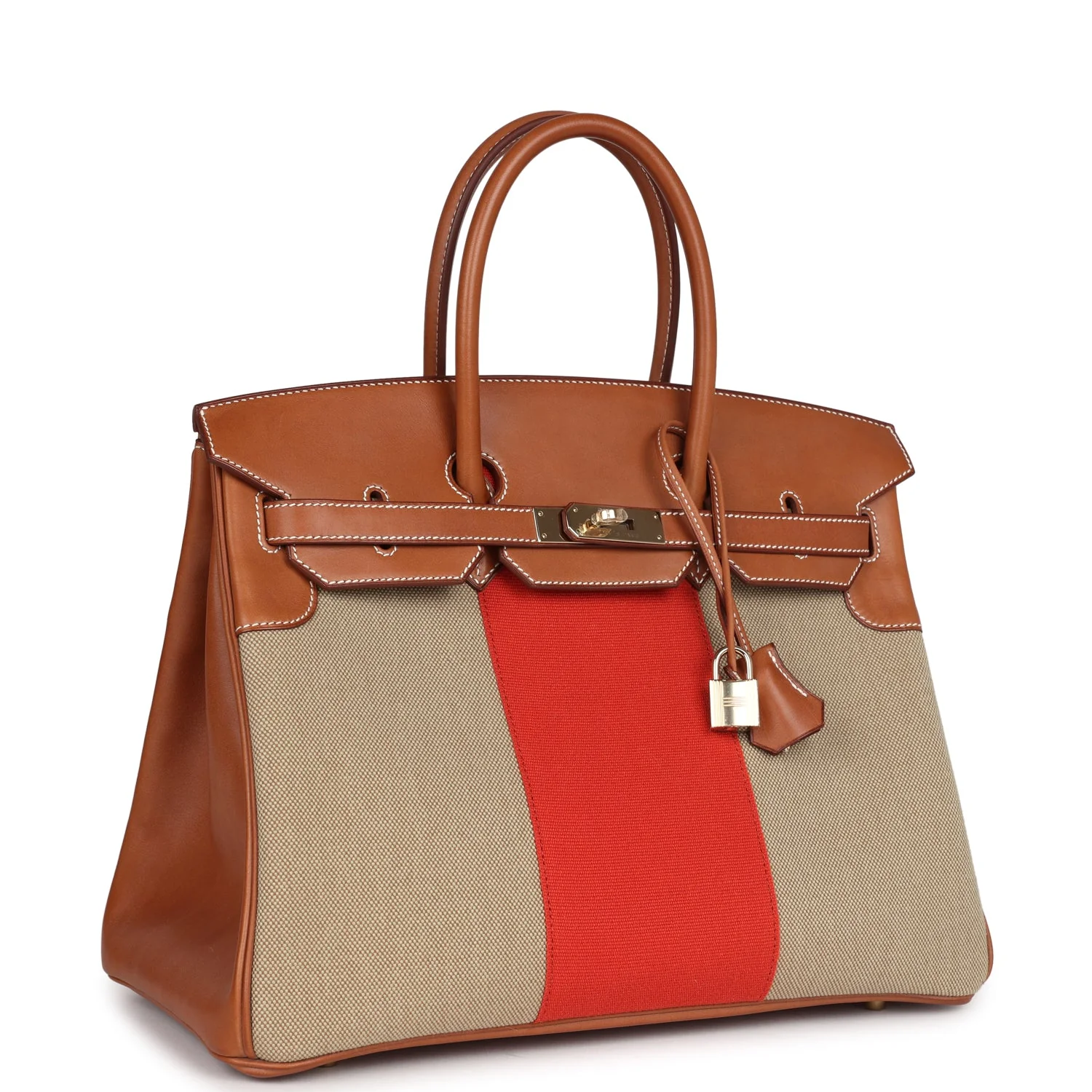 Hermes BirkinFlag Ficelle and Paprika Toile H and Fauve Barenia Permabrass Hardware