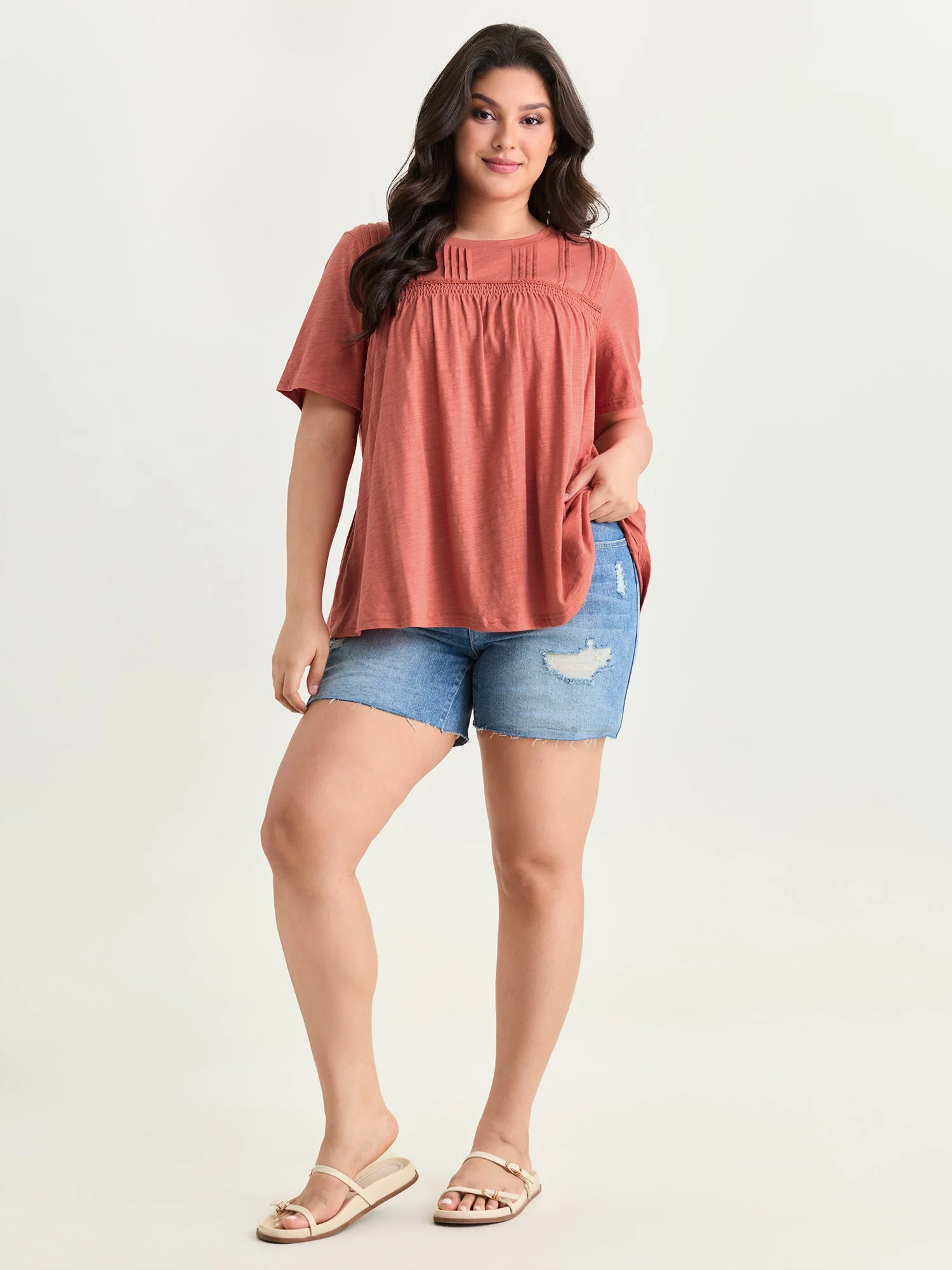Cotton Stretchy Lace Trim Flowy T-Shirt
