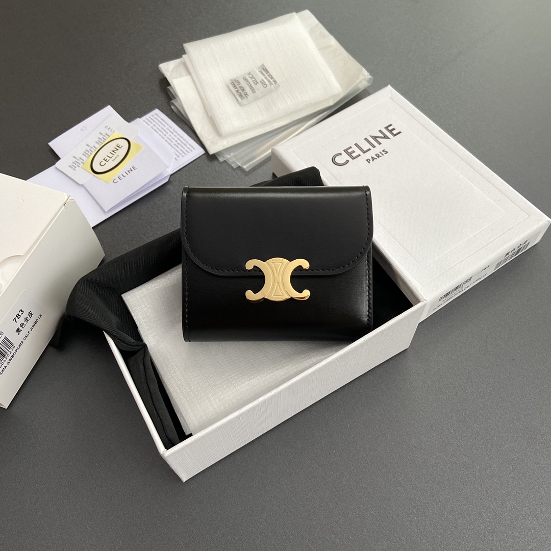 [TOP] CELINE Triomphe Logo Wallet 10.5-9-3cm - Black - 711 Luxury