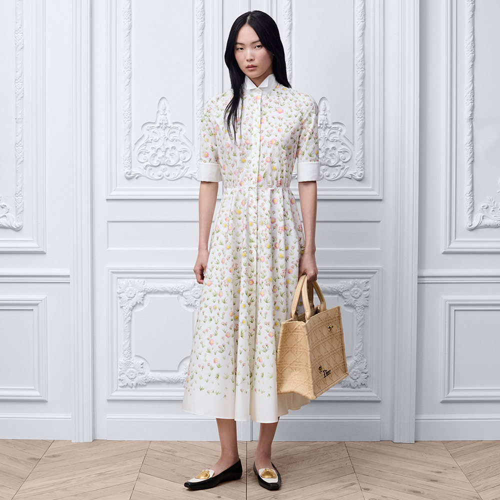 Dior Mid-length Shirt Dress in Cotton Poplin Multicolor Daisy Garden Pattern With Belt #380098