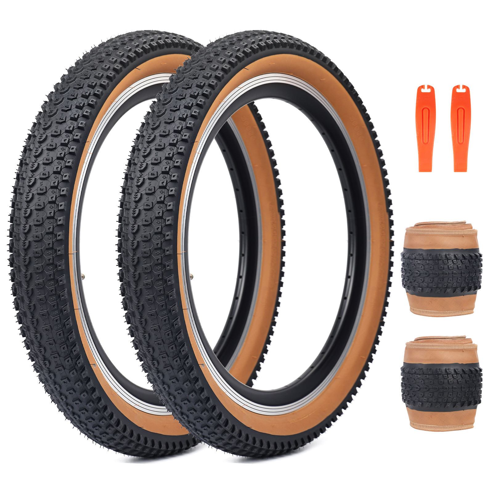 Pair of foldable mountain bike tires with black tread and brown sidewalls, designed for mountain bikes, standard bicycles, and electric bikes; includes tire levers and compact foldable design for easy installation and storage. 🚴