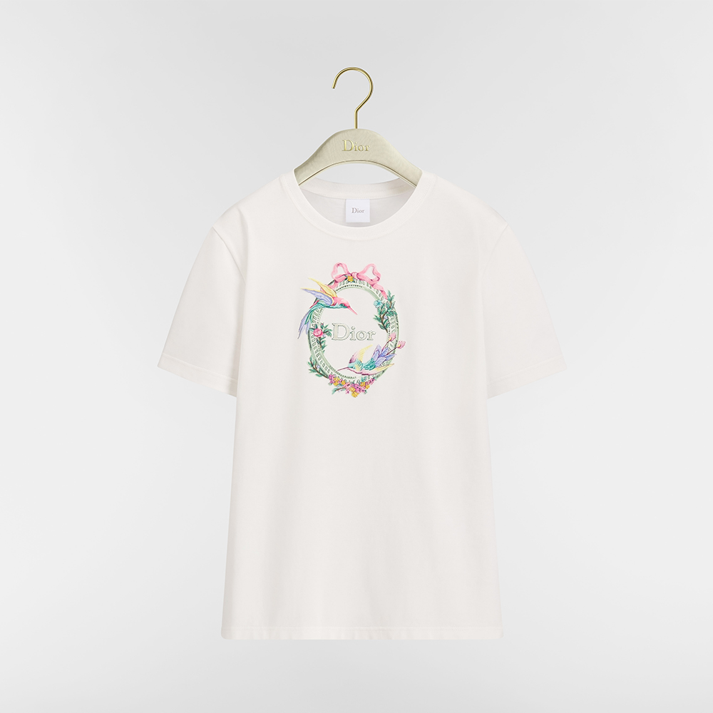 Dior white Clothing DIOR Dior Qixi Embroidered Fitted T-Shirt White Cotton Jersey with Multicolor Dior Colibri Motif #395078