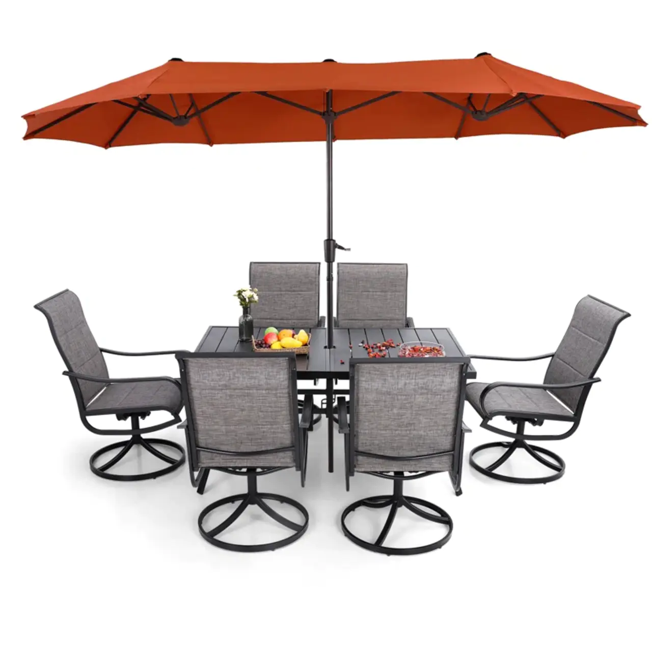 8 Pieces Patio Dining Set with Umbrella,Outdoor Furniture Set with 6 Sling Dining Swivel Chairs