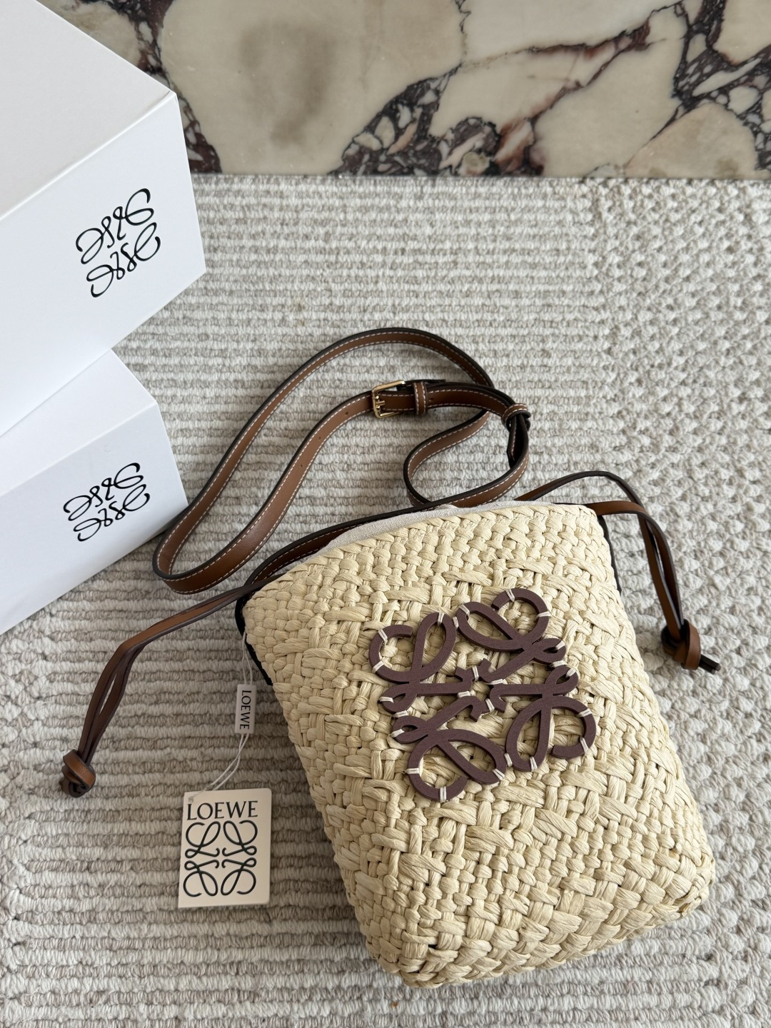 Dior Raffia Woven Mini Bucket Bag with Brown Leather Straps (Replica)