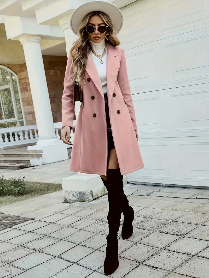 New Women Double Breasted Simple Design Woolen Coat