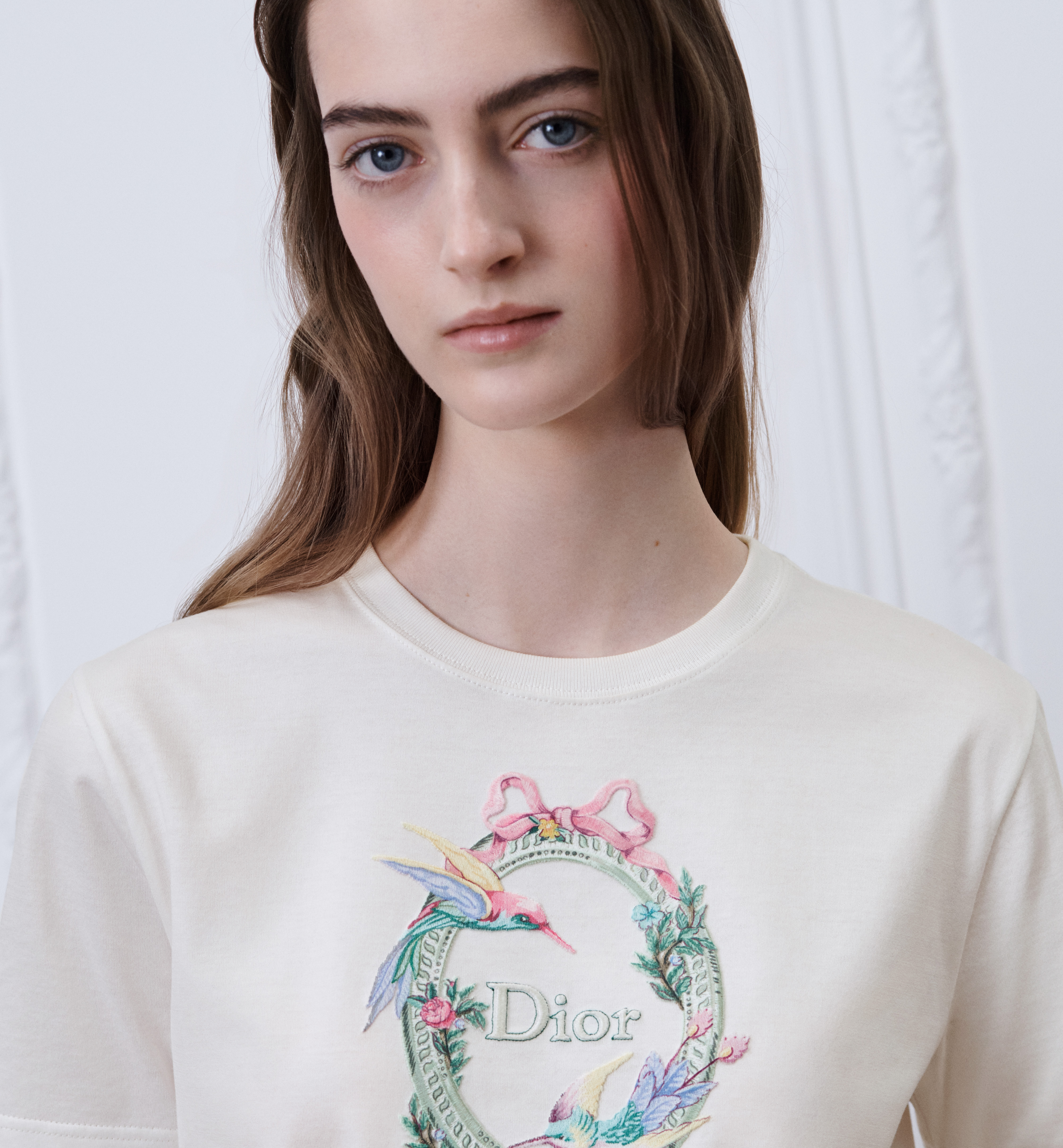 Dior white Clothing DIOR Dior Qixi Embroidered Fitted T-Shirt White Cotton Jersey with Multicolor Dior Colibri Motif #395078