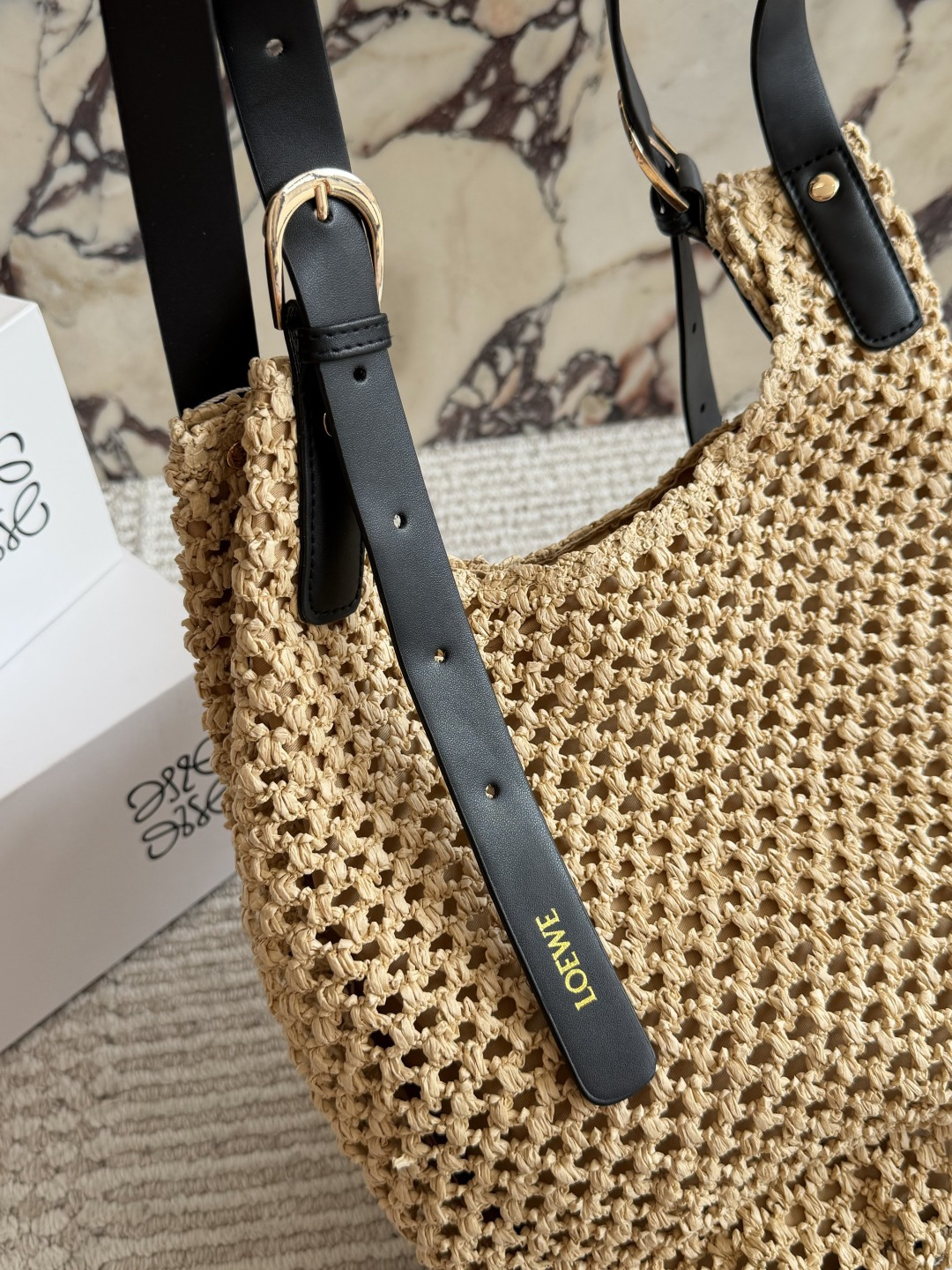 Loewe Crocheted Cotton Tote Bag with Adjustable Leather Strap (Replica)