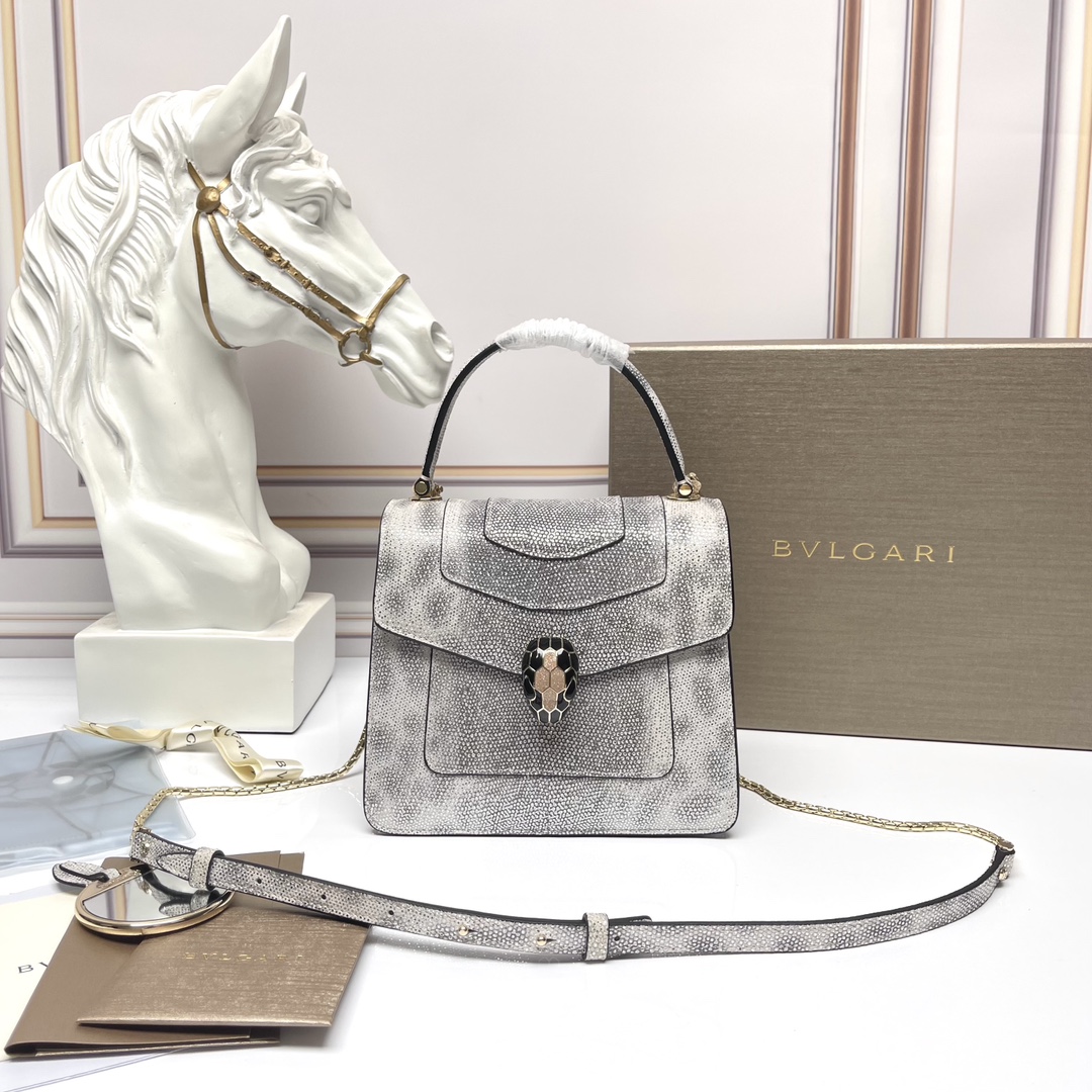 [TOP] BVLGARI Embossed Cowhide Snake Head Bag 18 cm - Gray - 711 Luxury