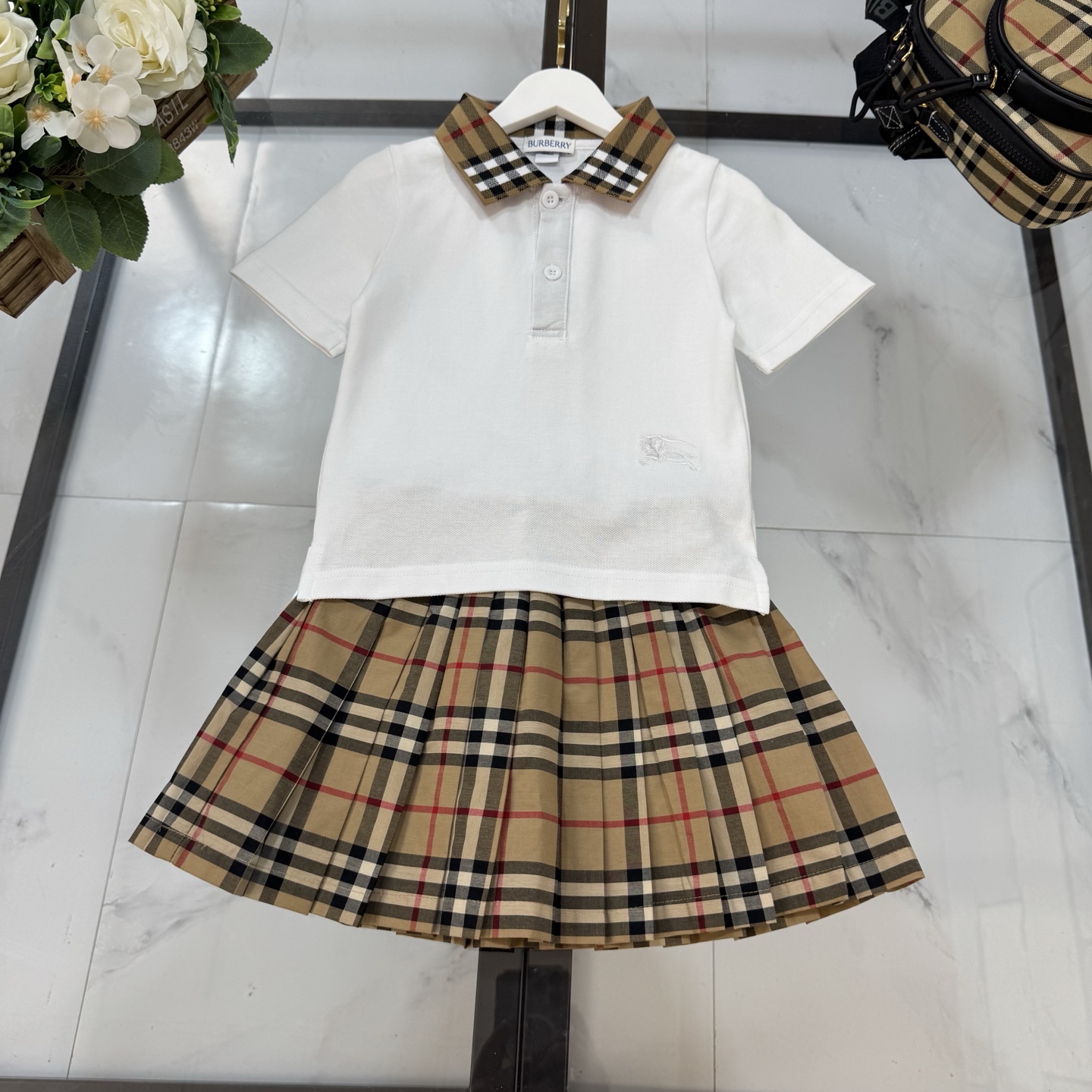Burberry Girls White Vintage Check Collar Polo Shirt & Signature Plaid Elastic Waist Pleated Skirt Two Piece Matching Set Kids Sizes 100-160