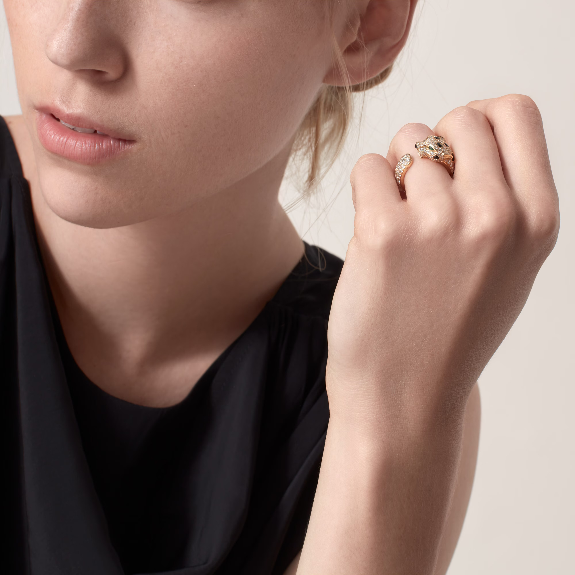 Carty Panther Motif Ring, Yellow Gold, Medium Model, Half-Paved