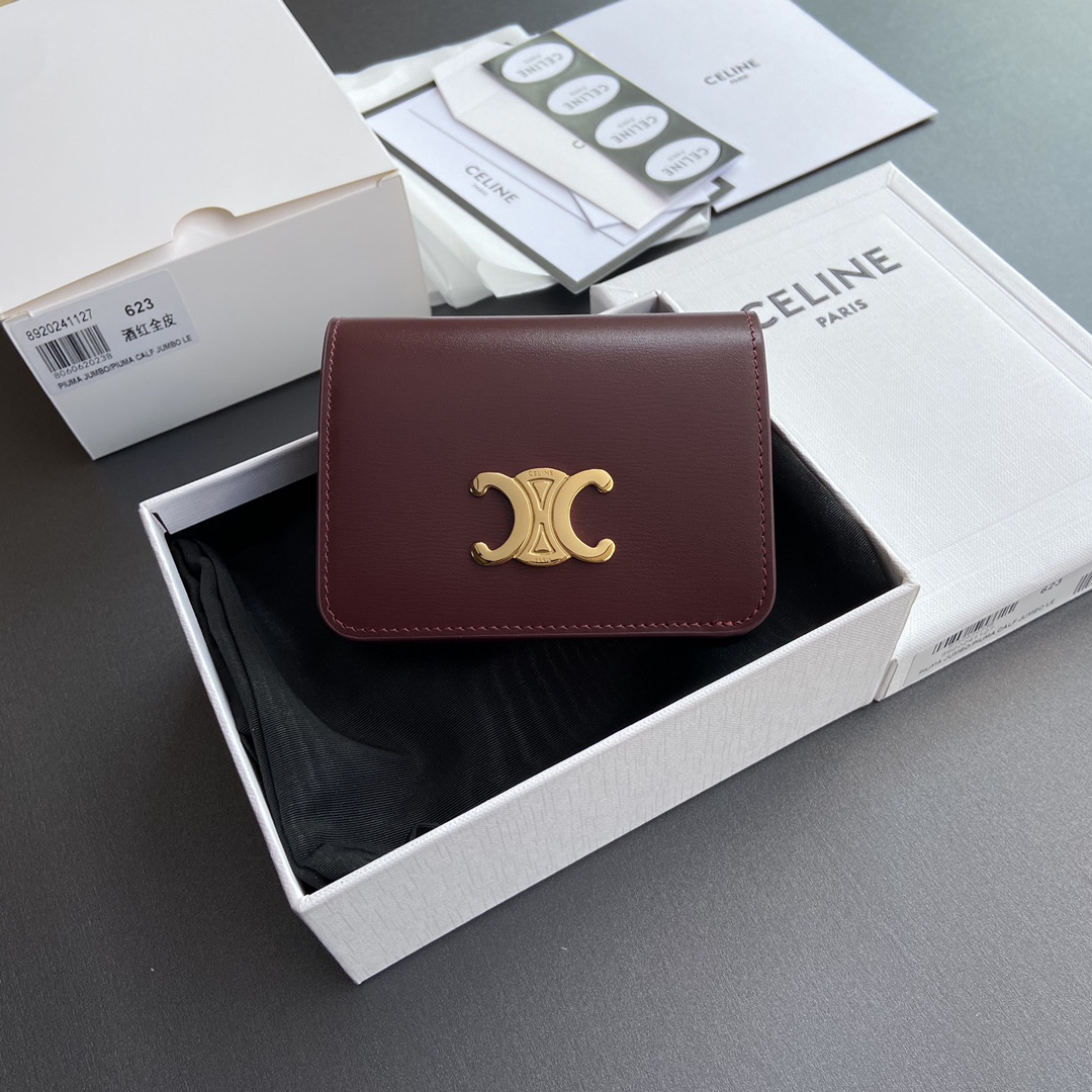 [TOP] CELINE Triomphe Cowhide Leather Short Wallet 11-9-3 cm - Claret&GHW - 711 Luxury
