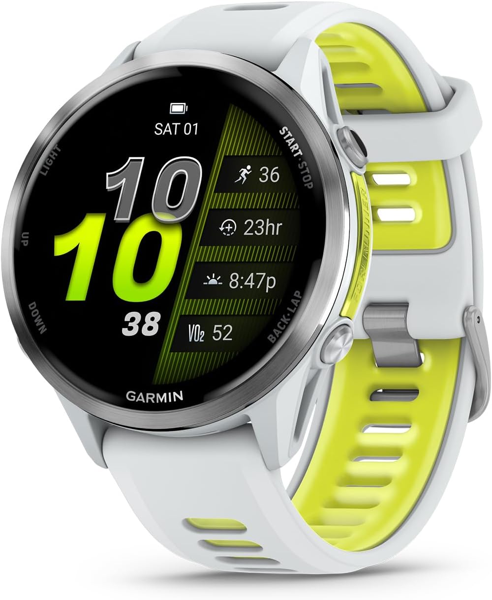 Garmin® Forerunner® 970, Premium GPS Running and Triathlon Smartwatch, AMOLED Display, Built-in LED Flashlight, Carbon Gray DLC Titanium with Black Case and Translucent Whitestone Band