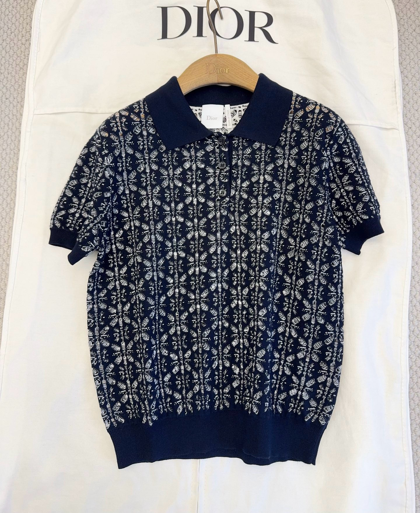 DIOR Dioriviera Short-Sleeved Sweater Navy Blue Floral Openwork Cotton Knit #385288