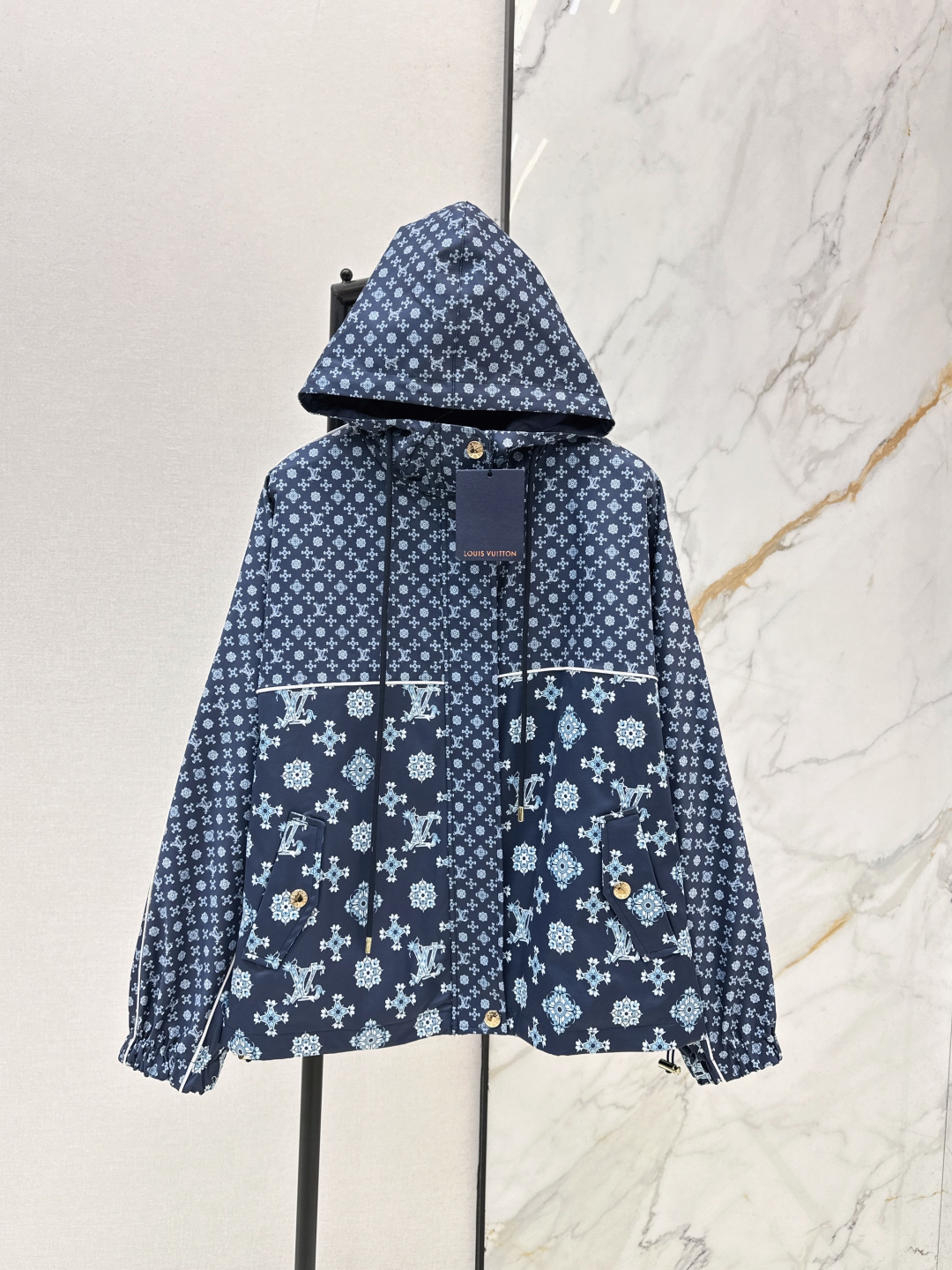 [TOP] Louis Vuitton LV Hooded Zip-Up Monogram Trench Coat - Navy Blue