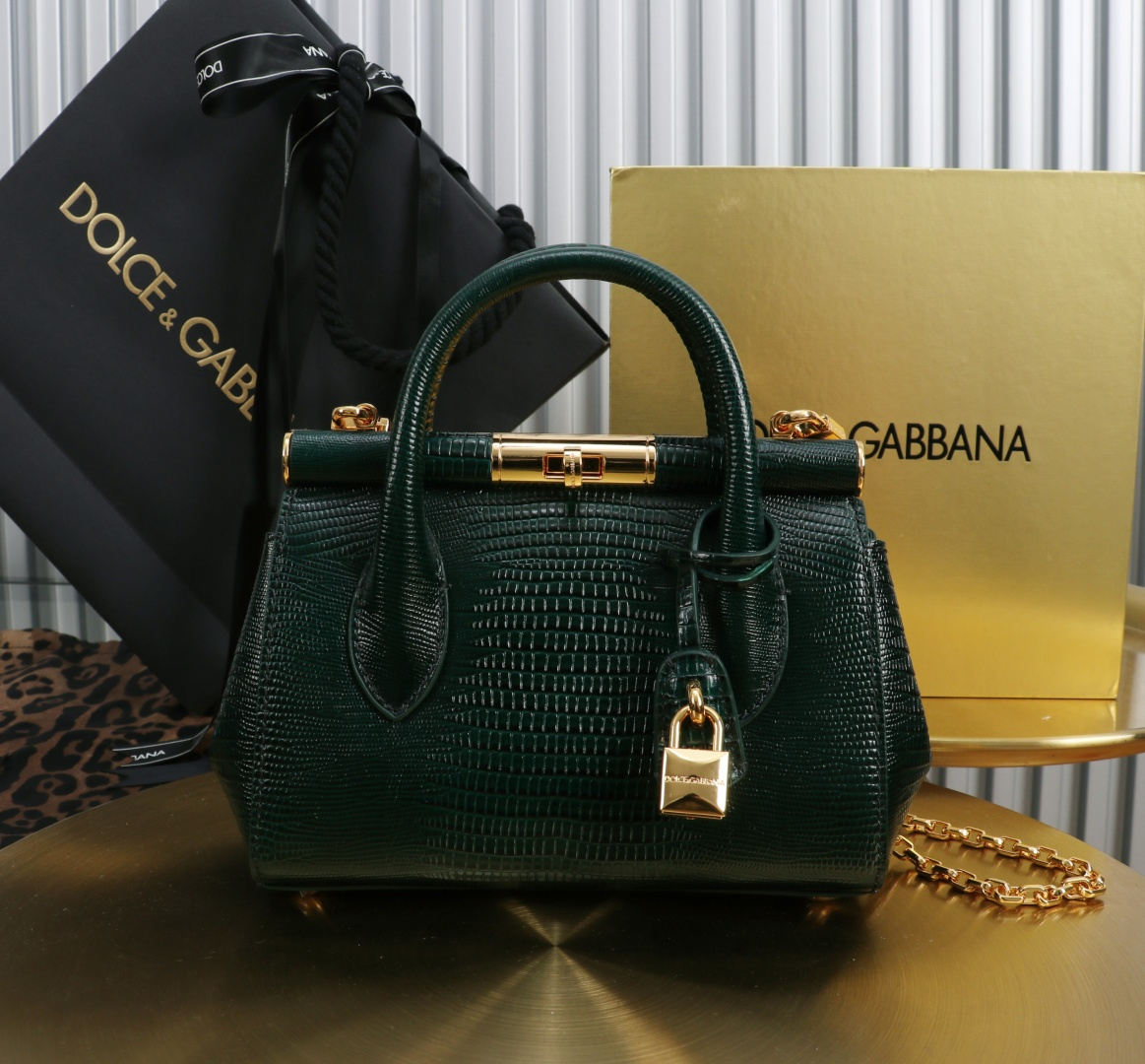 [TOP] Dolce & Gabbana D&G Marlene Bag Calfskin with Lizard Print 19x13.5x7cm - Dark Green - 711 Luxury