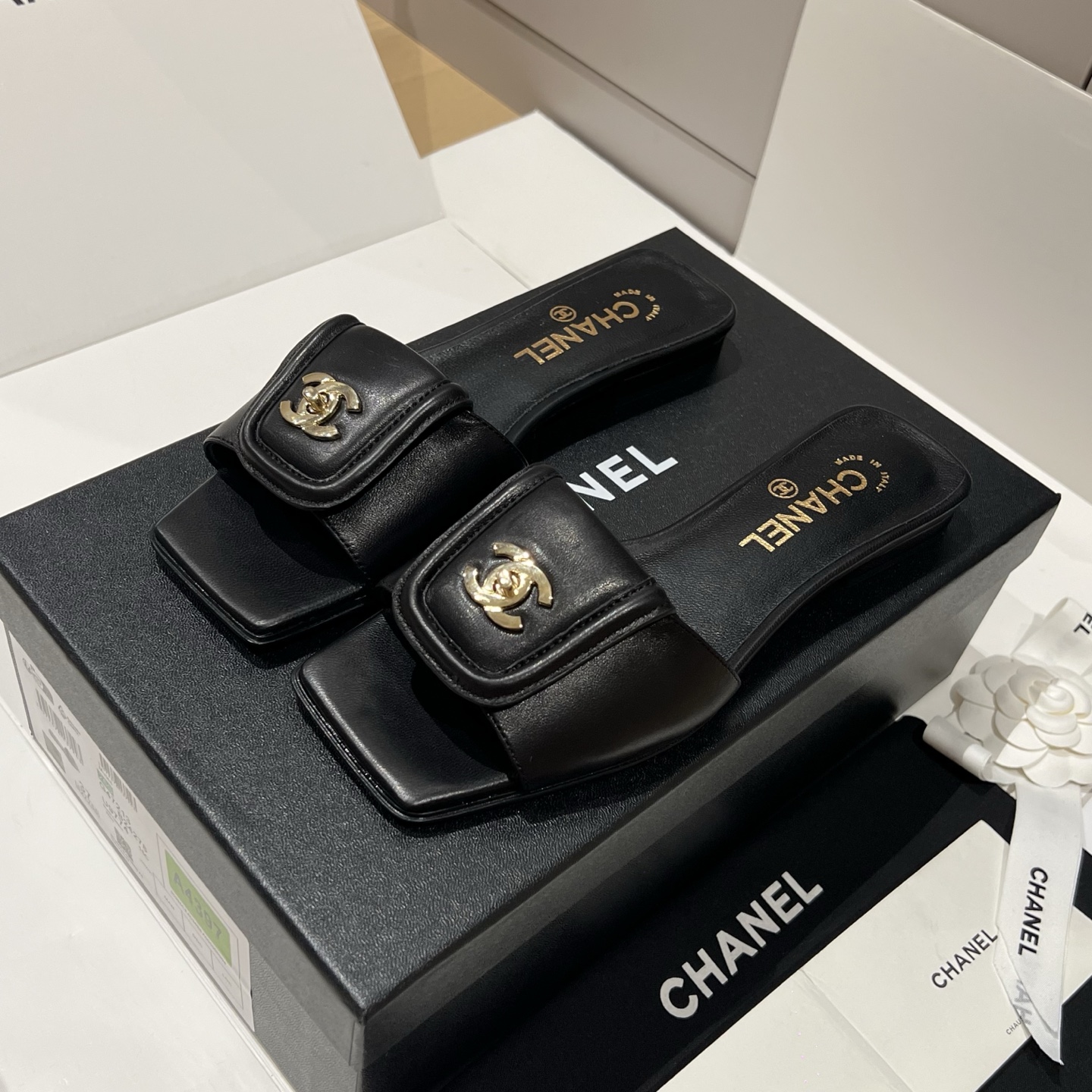 Chanel Gold Lock Square Toe Slippers #379298