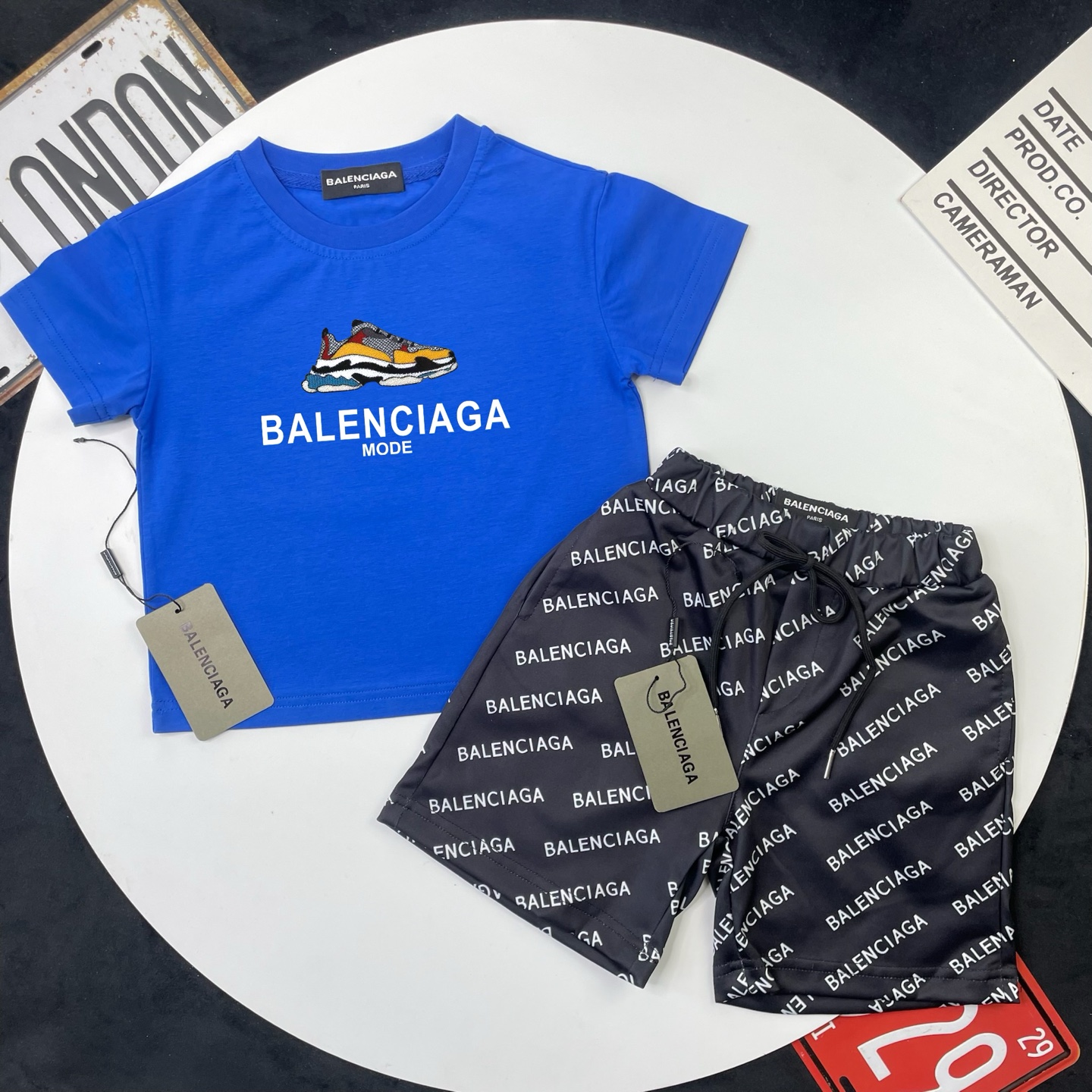 Balenciaga Unisex Kids Royal Blue Colorful Sneaker Mode Print Short Sleeve T-Shirt & Black All Over Letter Print Casual Shorts 2 Piece Set Boys Girls Sizes 90-150