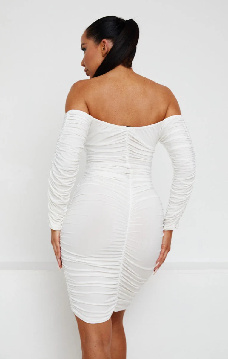 Ruched Bardot Long Sleeve Bodycon Mini Dress