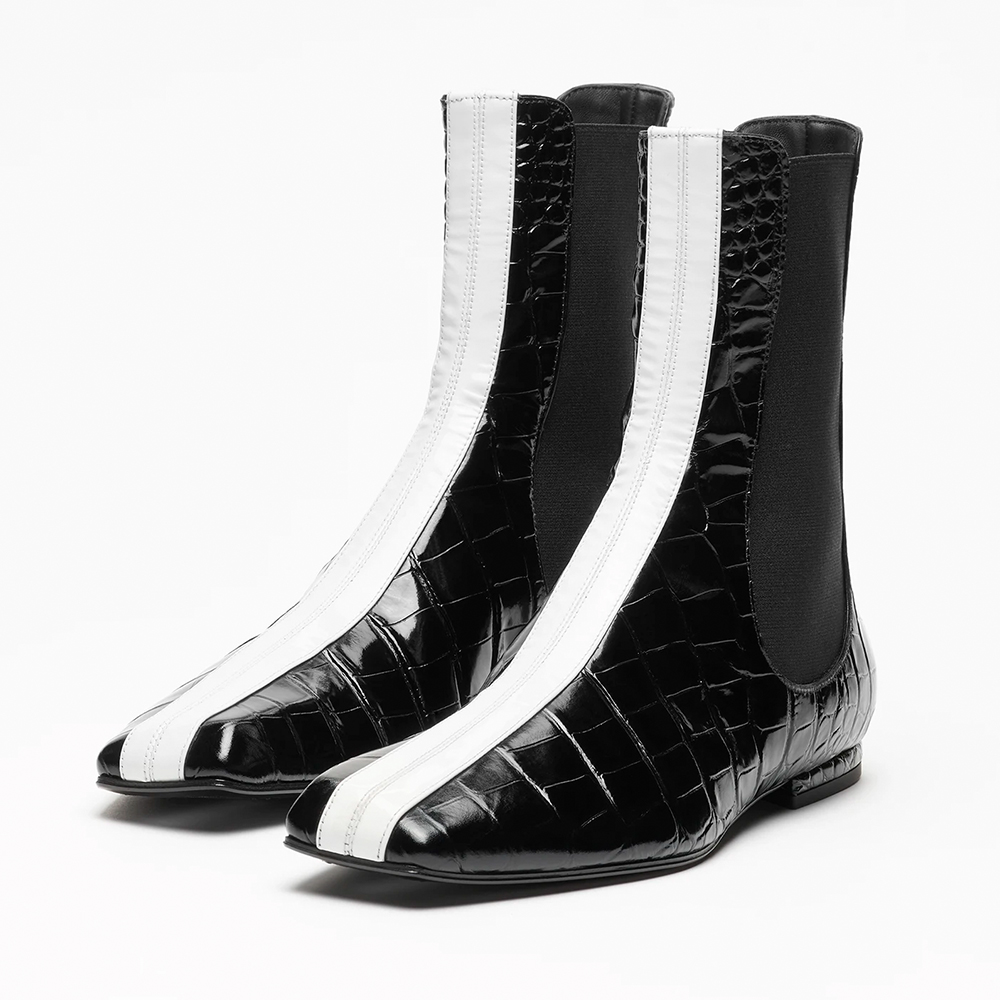 Chanel black Shoes CHANEL Short Boots Crocodile Embossed Calfskin Patent Calfskin Black White #396792 | Nigo Office