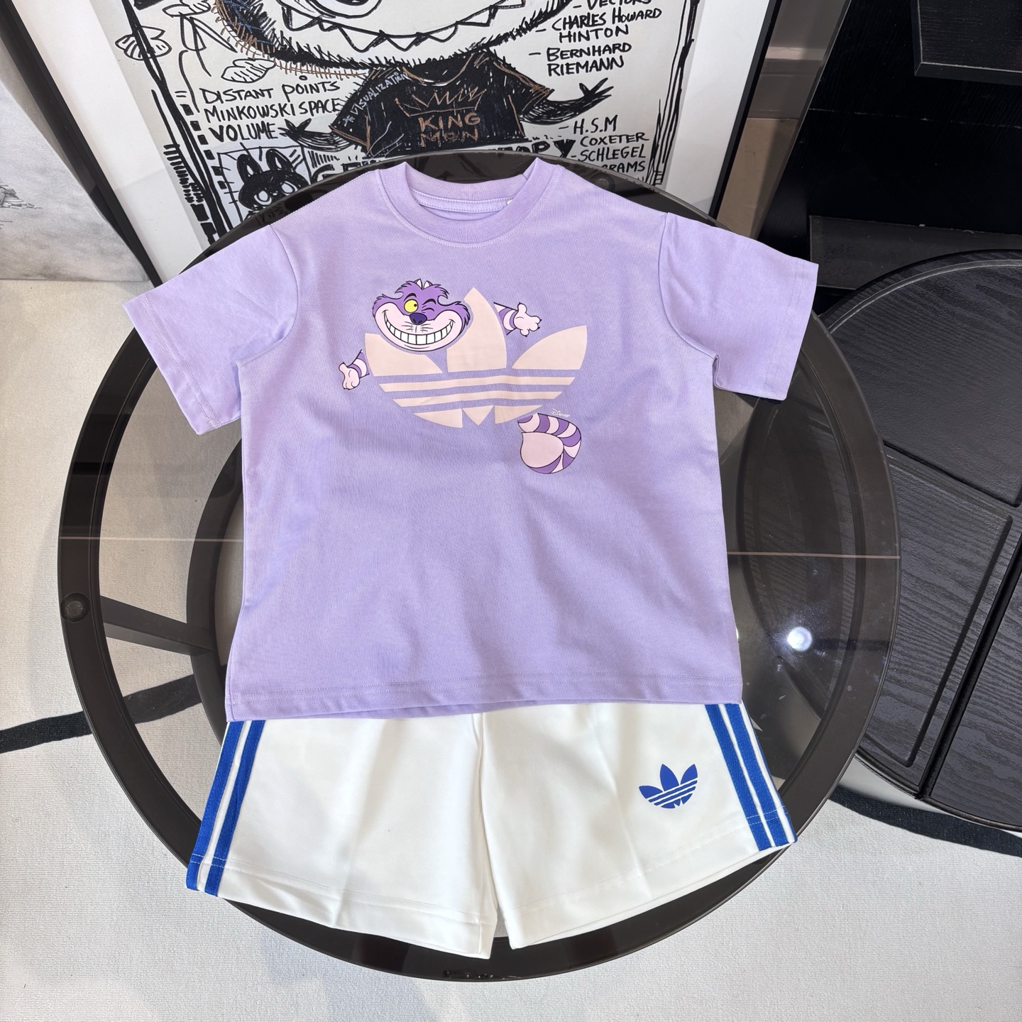 Adidas Unisex Kids 3 Stripe Elastic Waist Athletic Shorts Matching Cartoon Print T-Shirt Two Piece Set Boys Girls Sizes 90-160