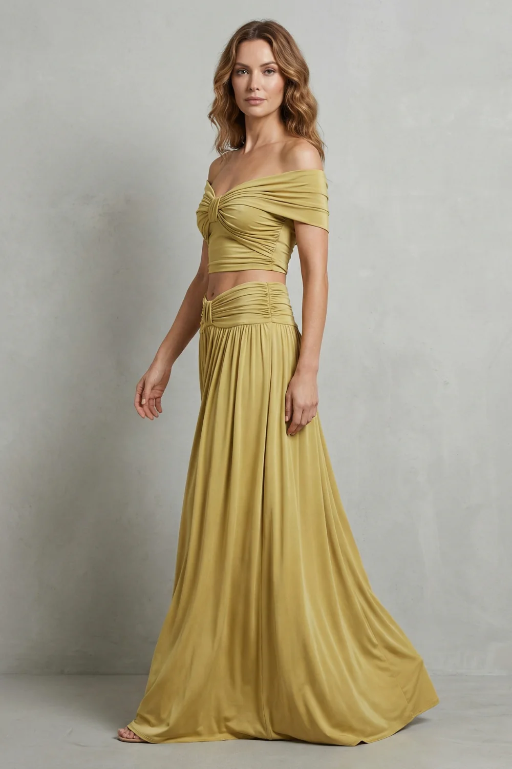 Ramona – Golden glow – Women’s Off-Shoulder Ruched Skirt Set