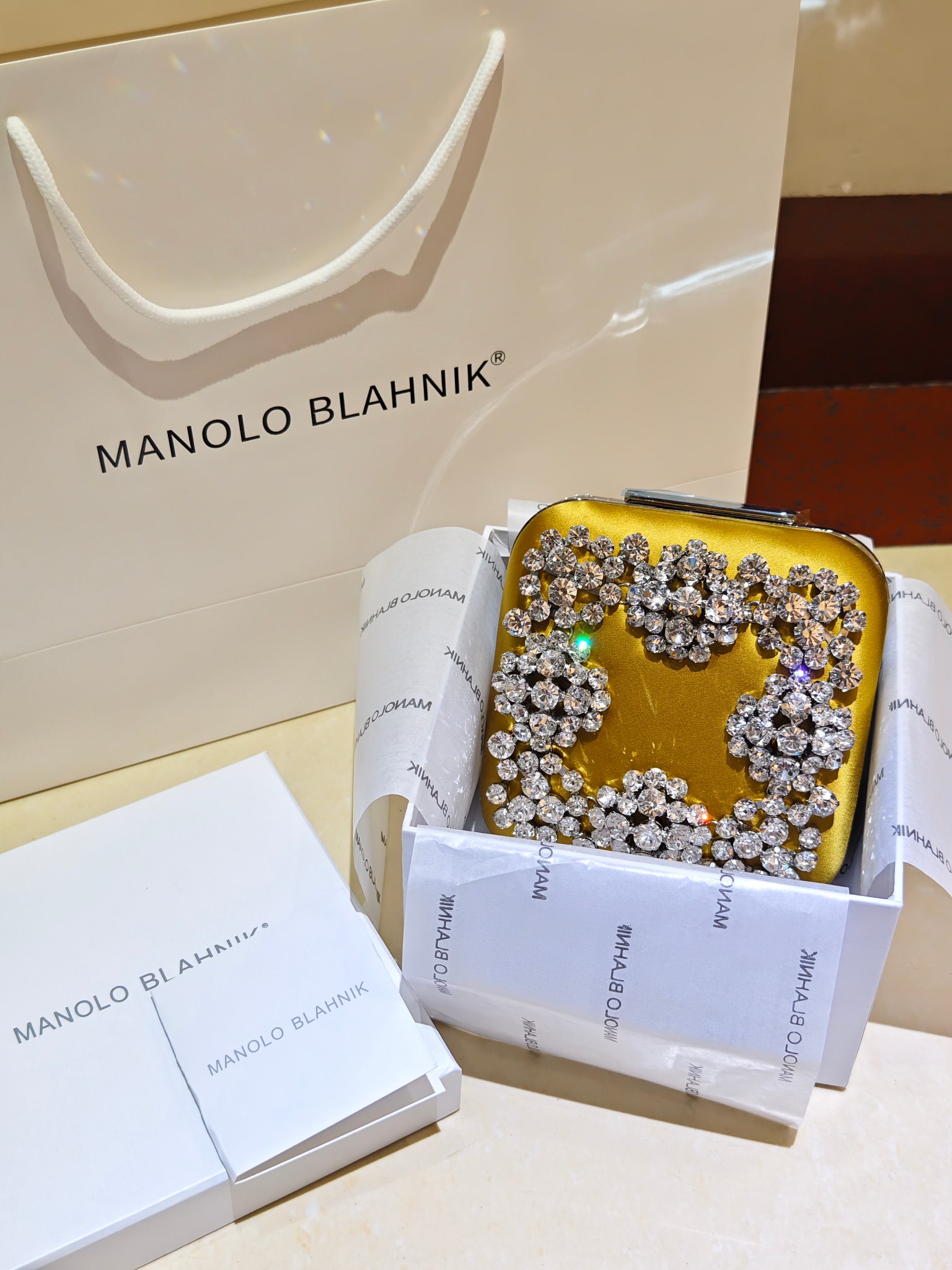 [TOP] MANOLO BLAHNIK Lace-patterned Square Bag 15.8*17*7.3cm - Yellow - 711 Luxury