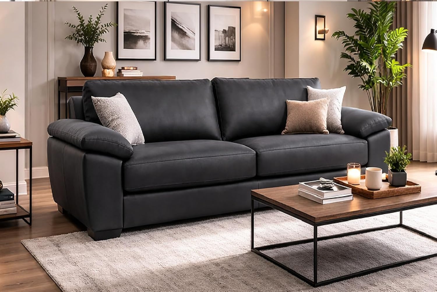 SOFA SCENE Amalfi Style 3+2 Seater Sofa Set, Oakland Fabric, Black,/Brown Contemporary Living Room Furniture (MIDNIGHT BLACK, 3 SEATER)