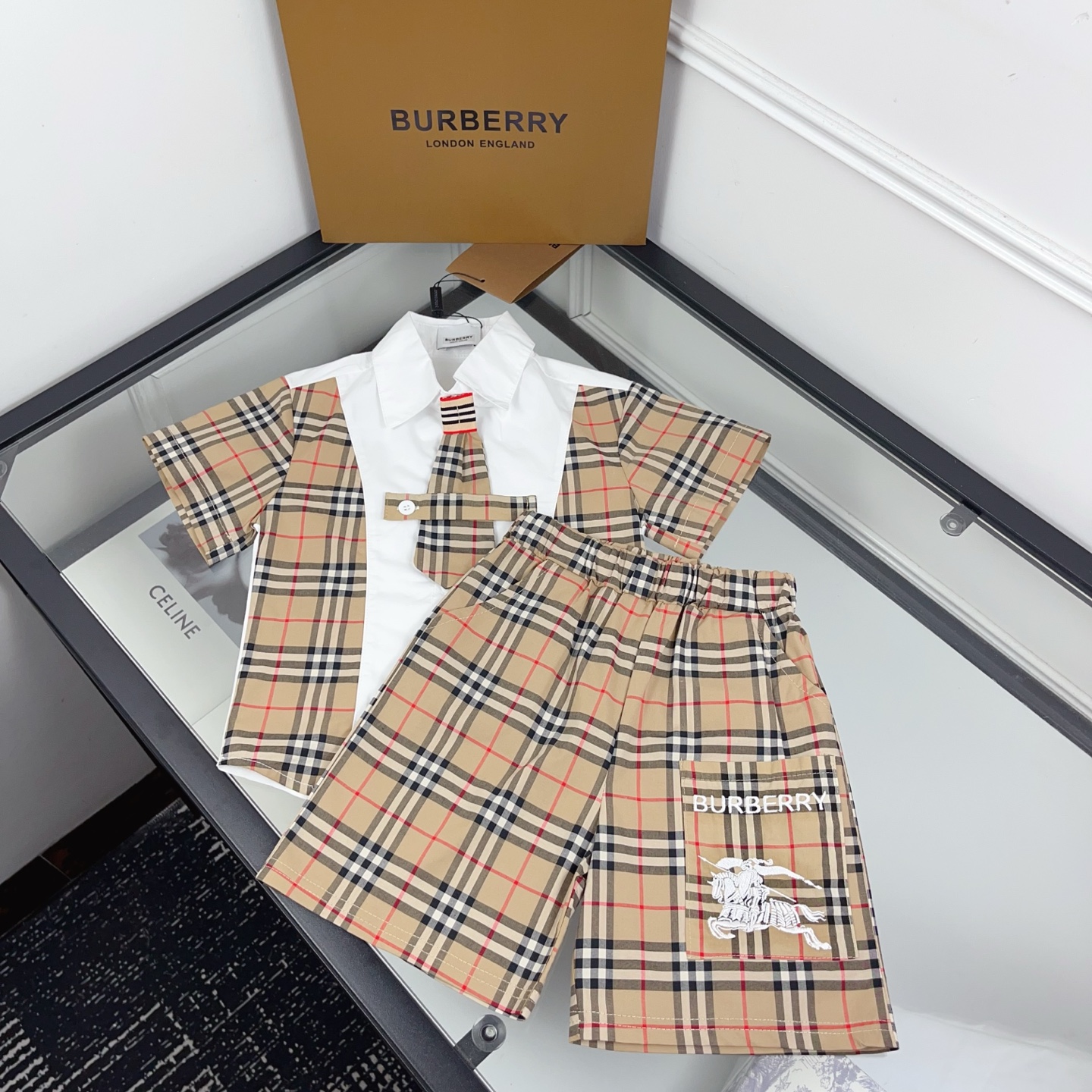 Burberry Boys White Check Patchwork Short Sleeve Shirt Tie & Shorts Three Piece Set Kids Sizes 100-150