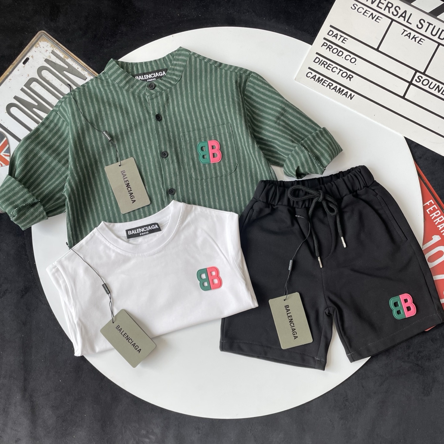 Balenciaga Unisex Kids Color BB Patch Short Sleeve T-Shirt Striped Stand Collar Shirt & Casual Shorts 3 Piece Outfit Boys Girls Sizes 90-150