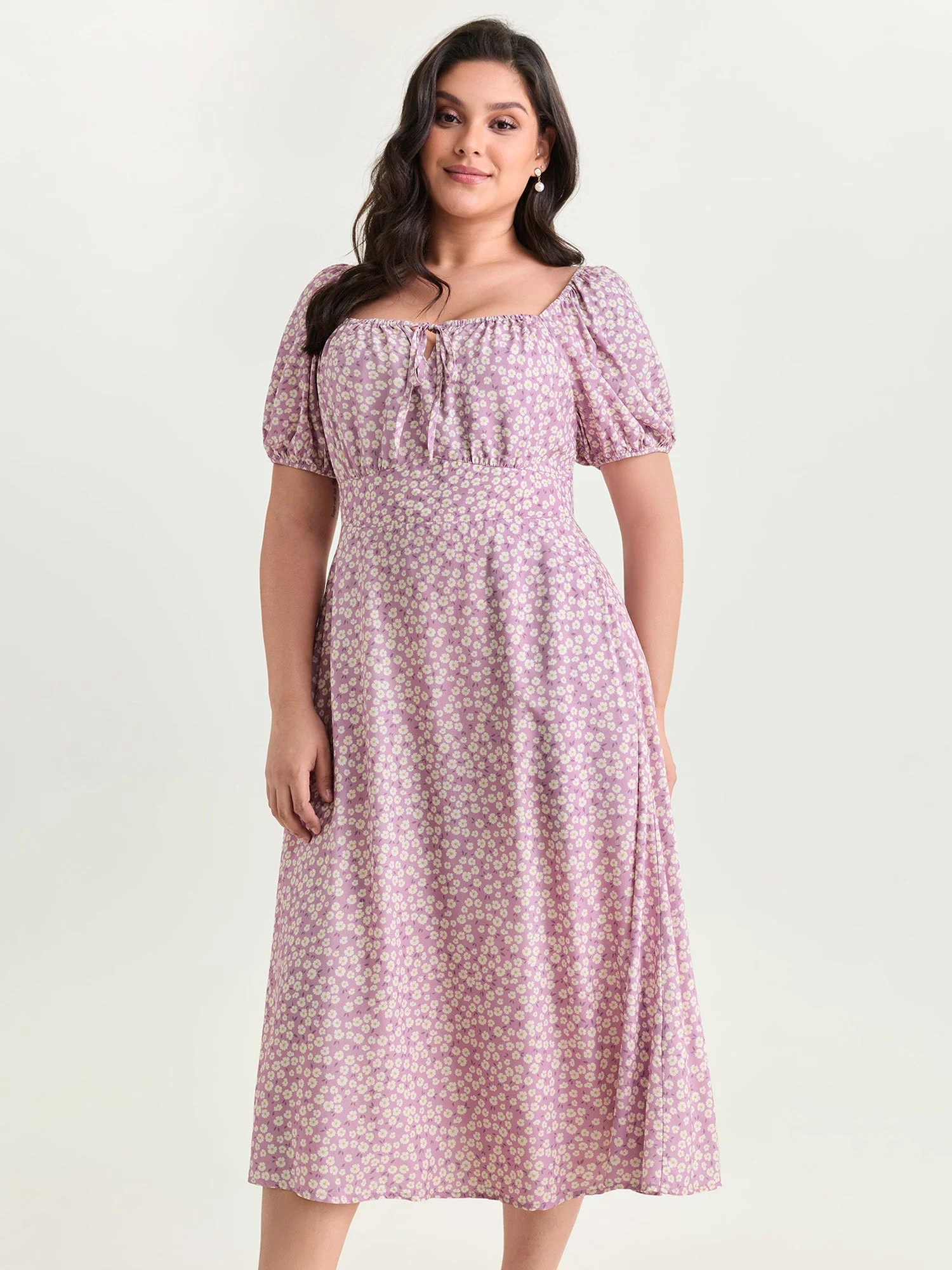Ditsy Floral Print Cinched Waist Midi Dress